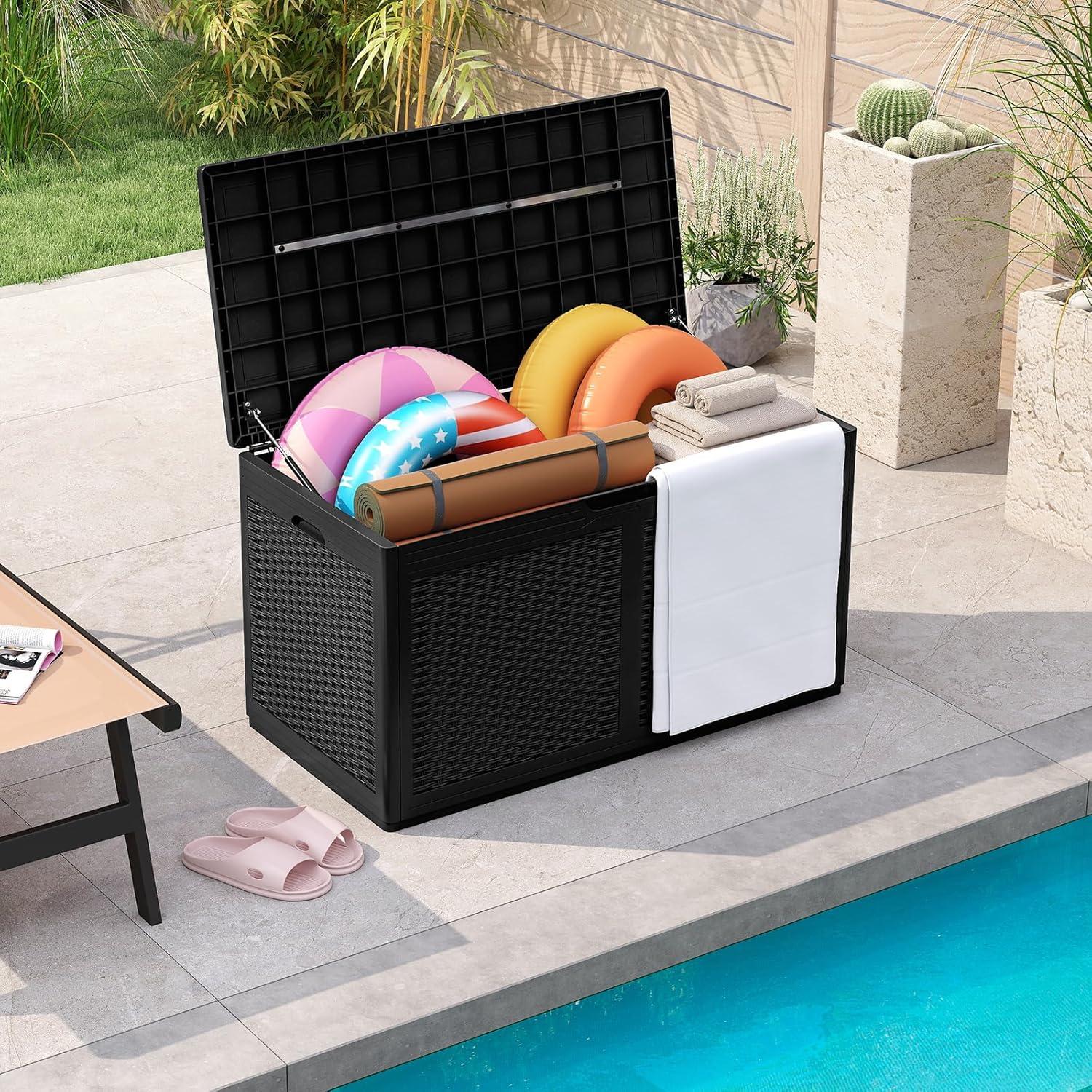 image:imageGiantex 100 Gallon Resin Outdoor Storage Box Waterproof Deck Box wLockable Lid amp Wheels Rattan Storage Container Bench for Patio Cushions Pool Accessories Gardening Tools 440 lbs GreyBlack