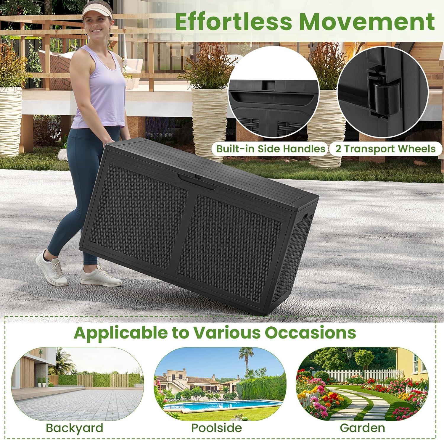 image:imageGiantex 100 Gallon Resin Outdoor Storage Box Waterproof Deck Box wLockable Lid amp Wheels Rattan Storage Container Bench for Patio Cushions Pool Accessories Gardening Tools 440 lbs GreyGrey