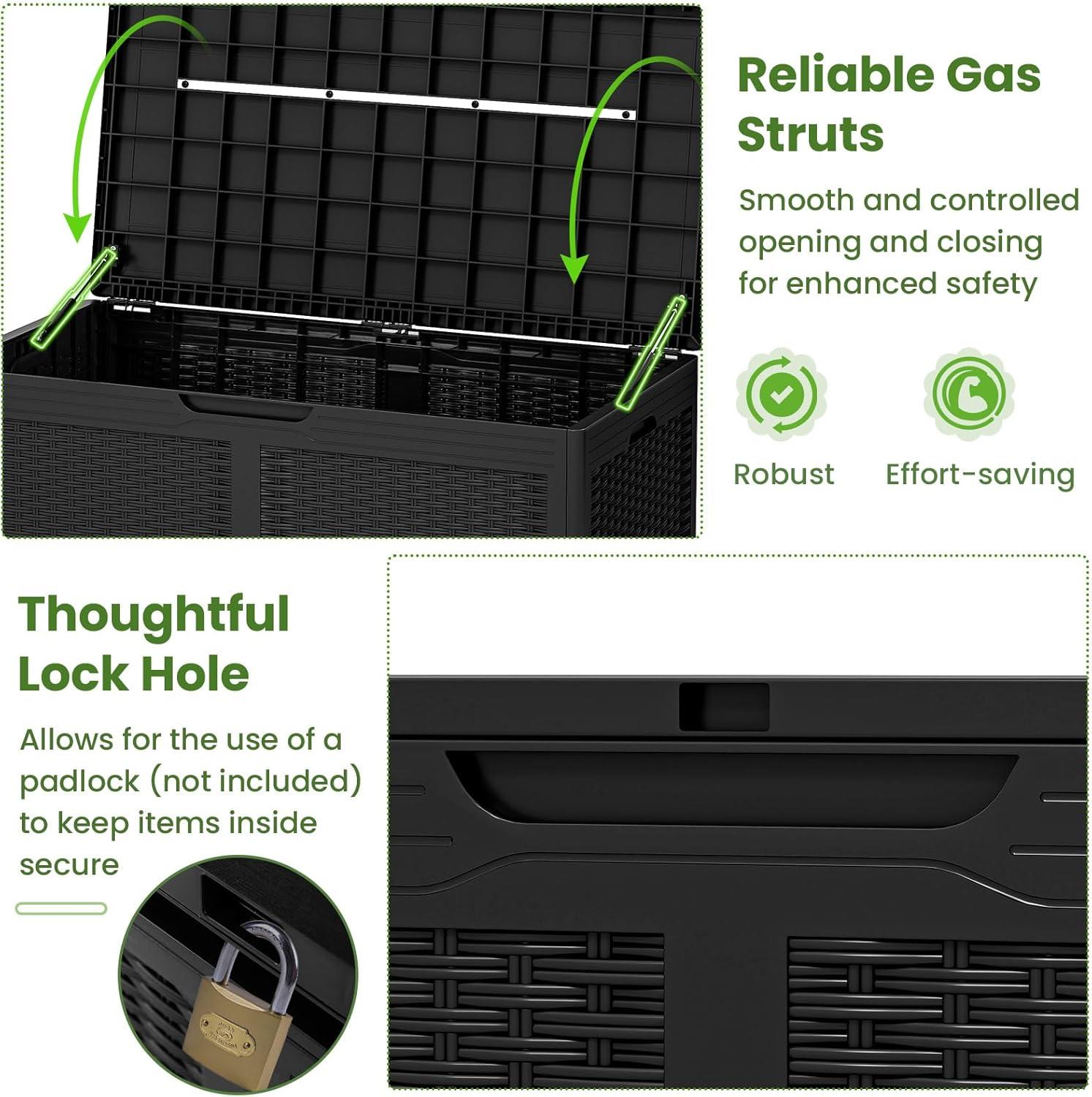 image:imageGiantex 100 Gallon Resin Outdoor Storage Box Waterproof Deck Box wLockable Lid amp Wheels Rattan Storage Container Bench for Patio Cushions Pool Accessories Gardening Tools 440 lbs GreyBlack