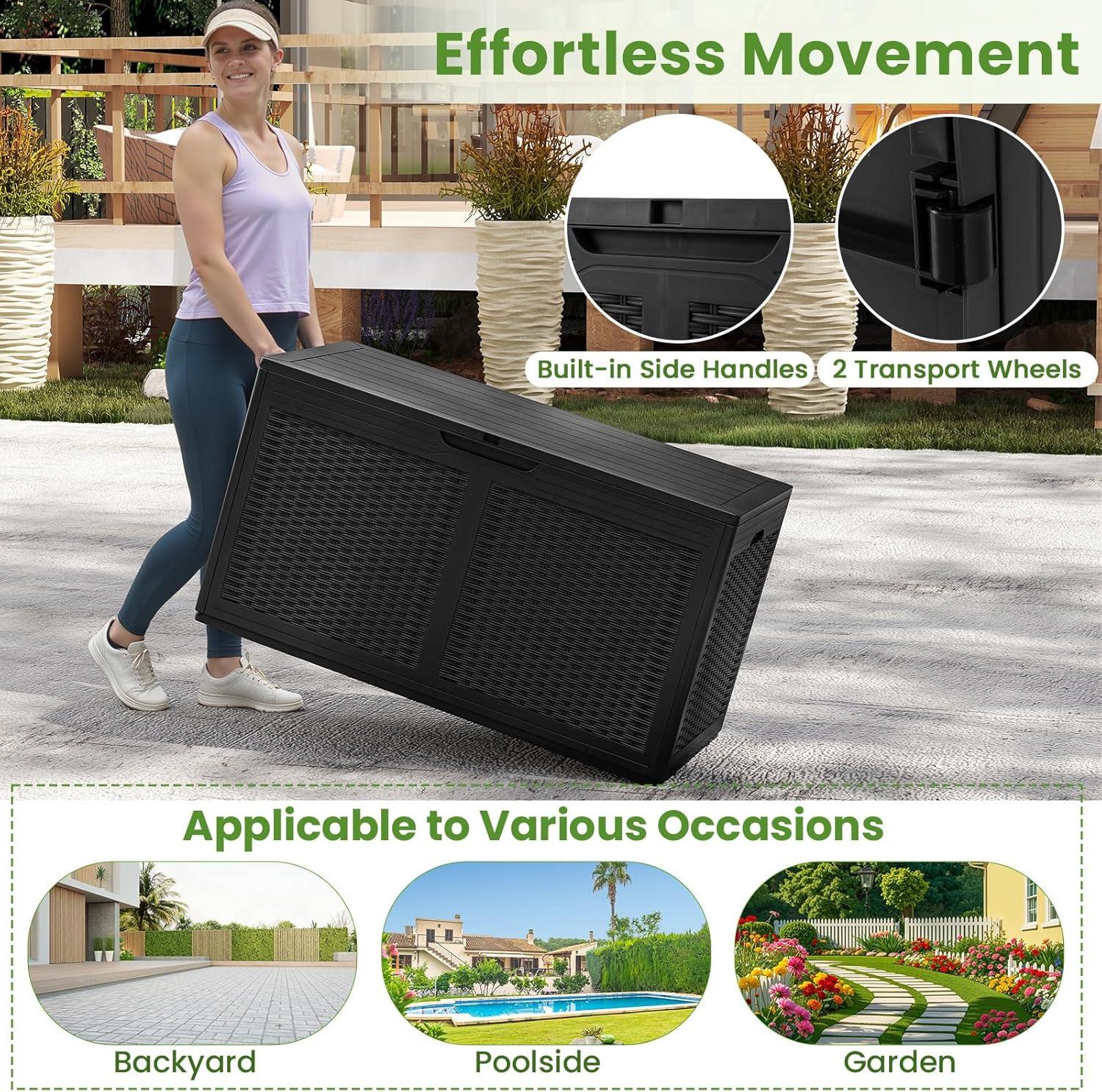 image:imageGiantex 100 Gallon Resin Outdoor Storage Box Waterproof Deck Box wLockable Lid amp Wheels Rattan Storage Container Bench for Patio Cushions Pool Accessories Gardening Tools 440 lbs GreyBlack