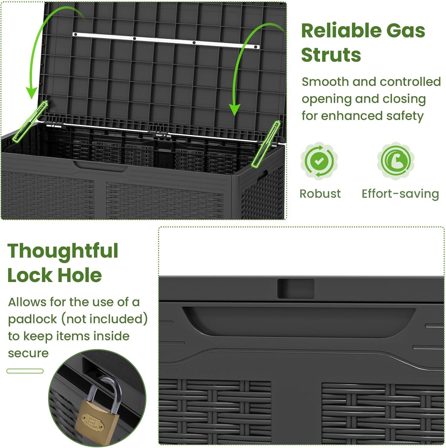 image:imageGiantex 100 Gallon Resin Outdoor Storage Box Waterproof Deck Box wLockable Lid amp Wheels Rattan Storage Container Bench for Patio Cushions Pool Accessories Gardening Tools 440 lbs GreyGrey