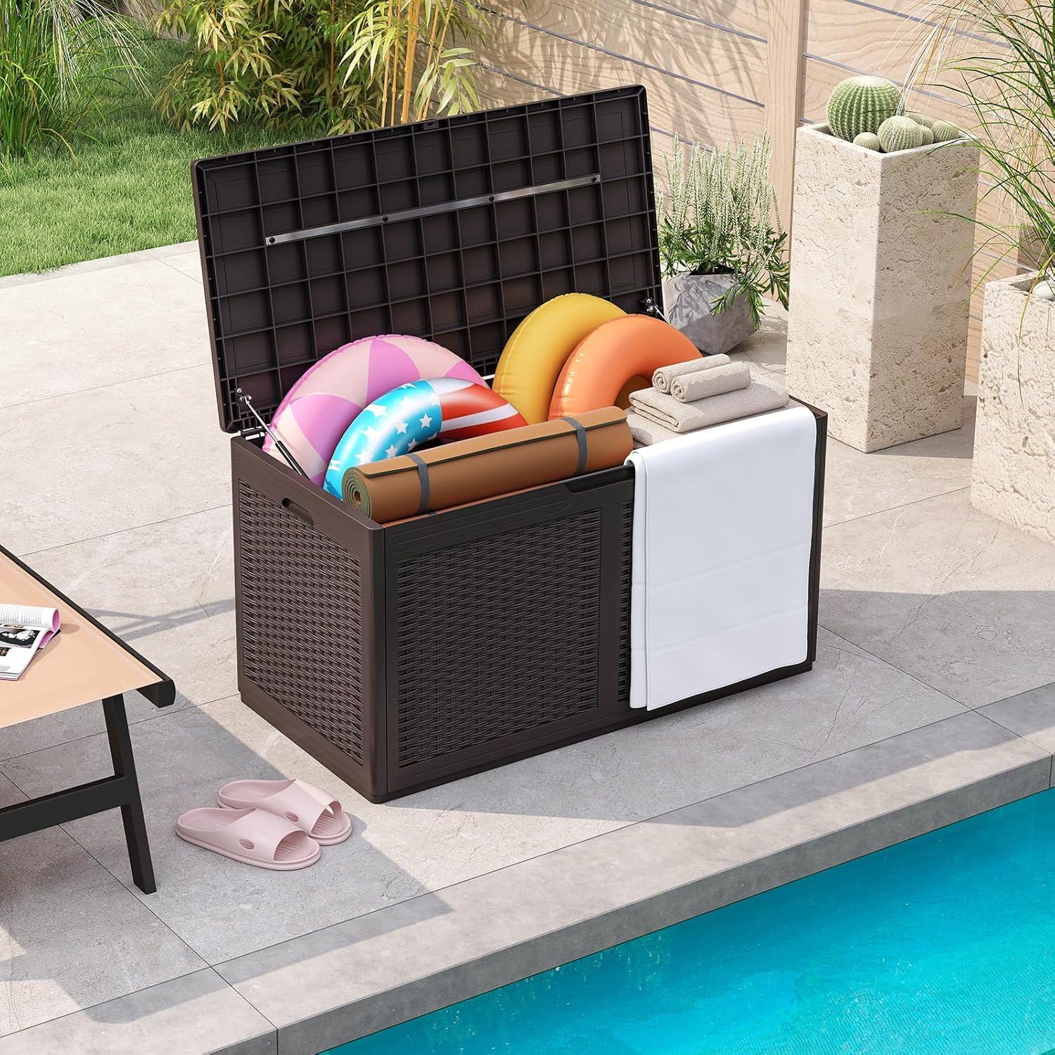 image:imageGiantex 100 Gallon Resin Outdoor Storage Box Waterproof Deck Box wLockable Lid amp Wheels Rattan Storage Container Bench for Patio Cushions Pool Accessories Gardening Tools 440 lbs GreyBrown