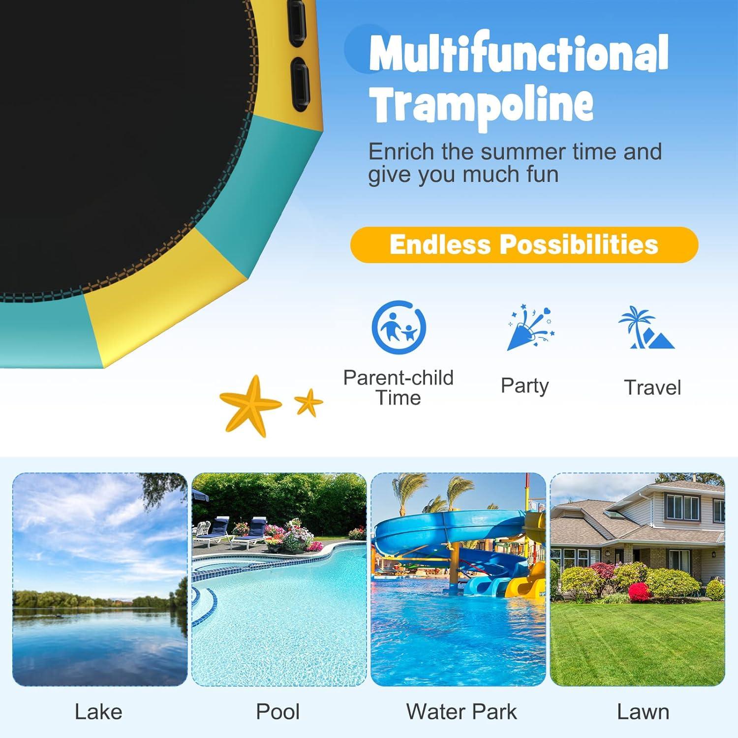image:imageGiantex 10Ft 12Ft 15Ft Inflatable Water Trampoline Floating Rebounder Trampoline with 500W Blower and 3Step Rope Ladder Kids Adults Recreational Water Trampoline for Pool LakeYellow Green