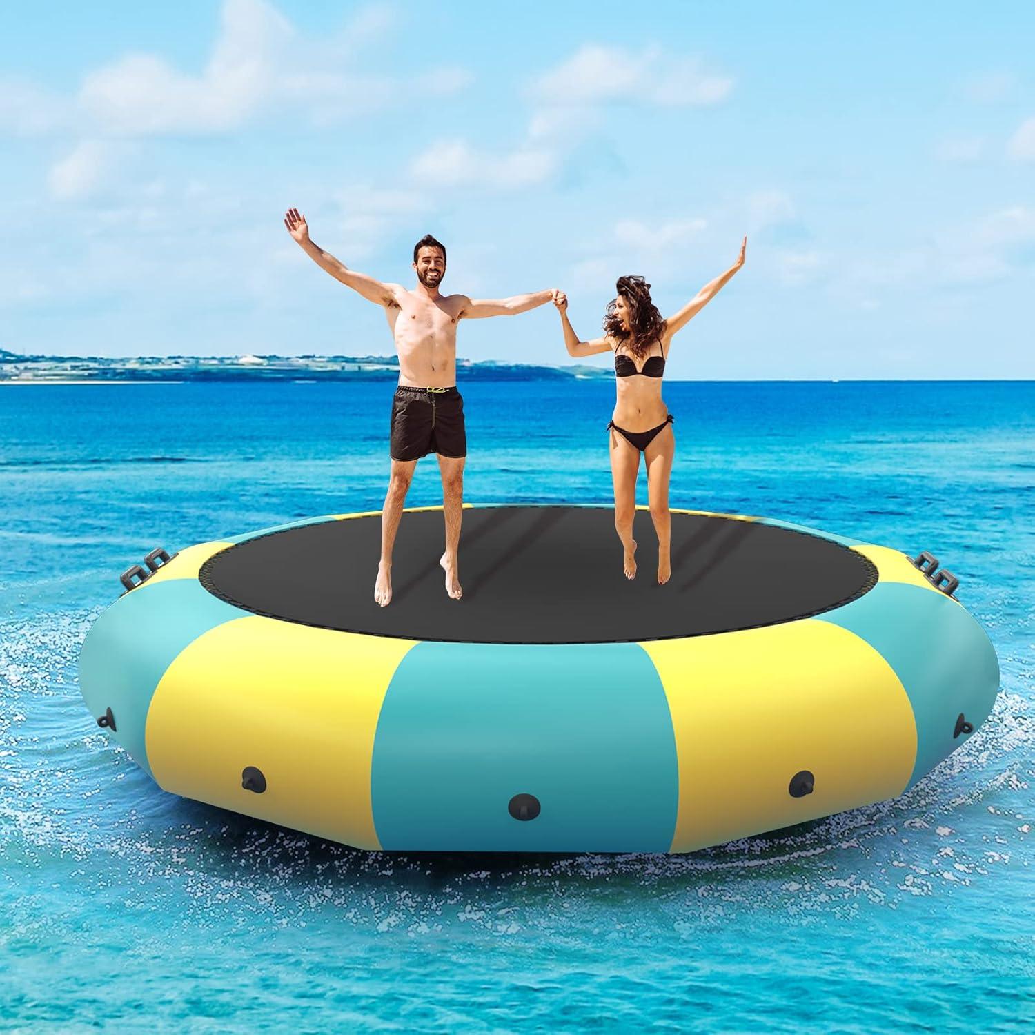 image:imageGiantex 10Ft 12Ft 15Ft Inflatable Water Trampoline Floating Rebounder Trampoline with 500W Blower and 3Step Rope Ladder Kids Adults Recreational Water Trampoline for Pool LakeYellow Green