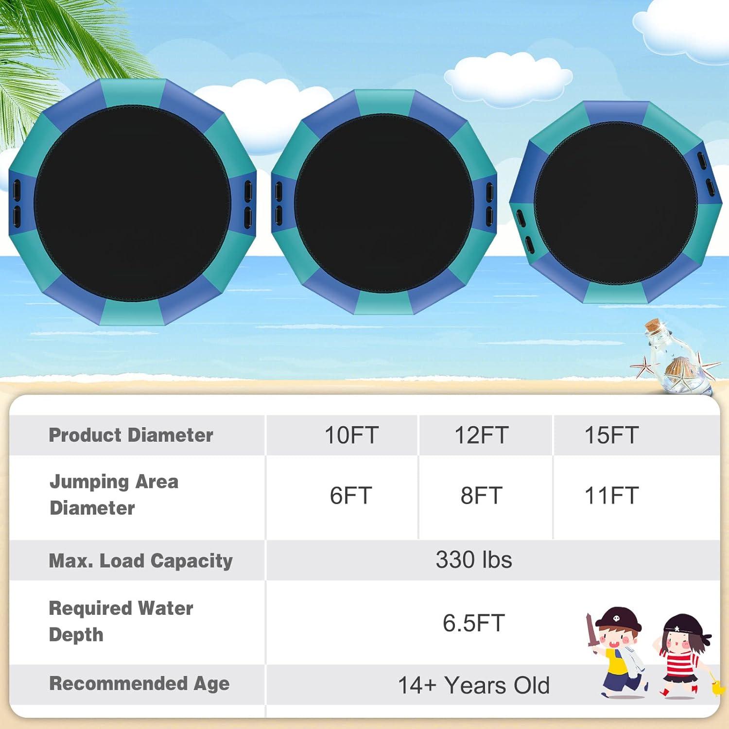 image:imageGiantex 10Ft 12Ft 15Ft Inflatable Water Trampoline Floating Rebounder Trampoline with 500W Blower and 3Step Rope Ladder Kids Adults Recreational Water Trampoline for Pool LakeBlue Green