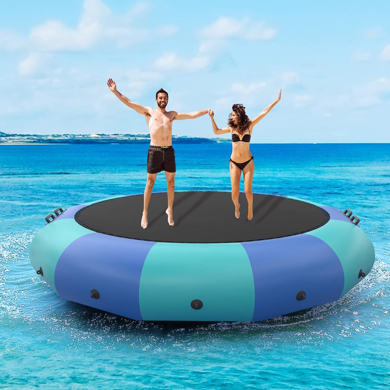 image:imageGiantex 10Ft 12Ft 15Ft Inflatable Water Trampoline Floating Rebounder Trampoline with 500W Blower and 3Step Rope Ladder Kids Adults Recreational Water Trampoline for Pool LakeBlue Green