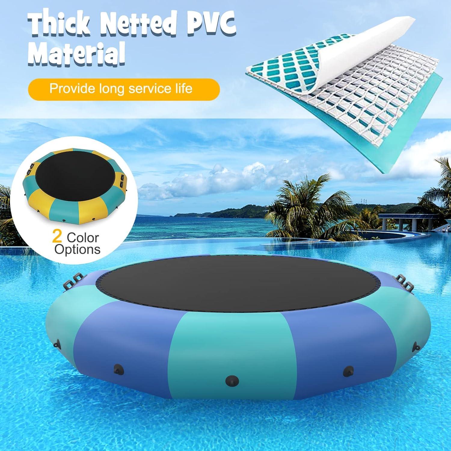 image:imageGiantex 10Ft 12Ft 15Ft Inflatable Water Trampoline Floating Rebounder Trampoline with 500W Blower and 3Step Rope Ladder Kids Adults Recreational Water Trampoline for Pool LakeBlue Green