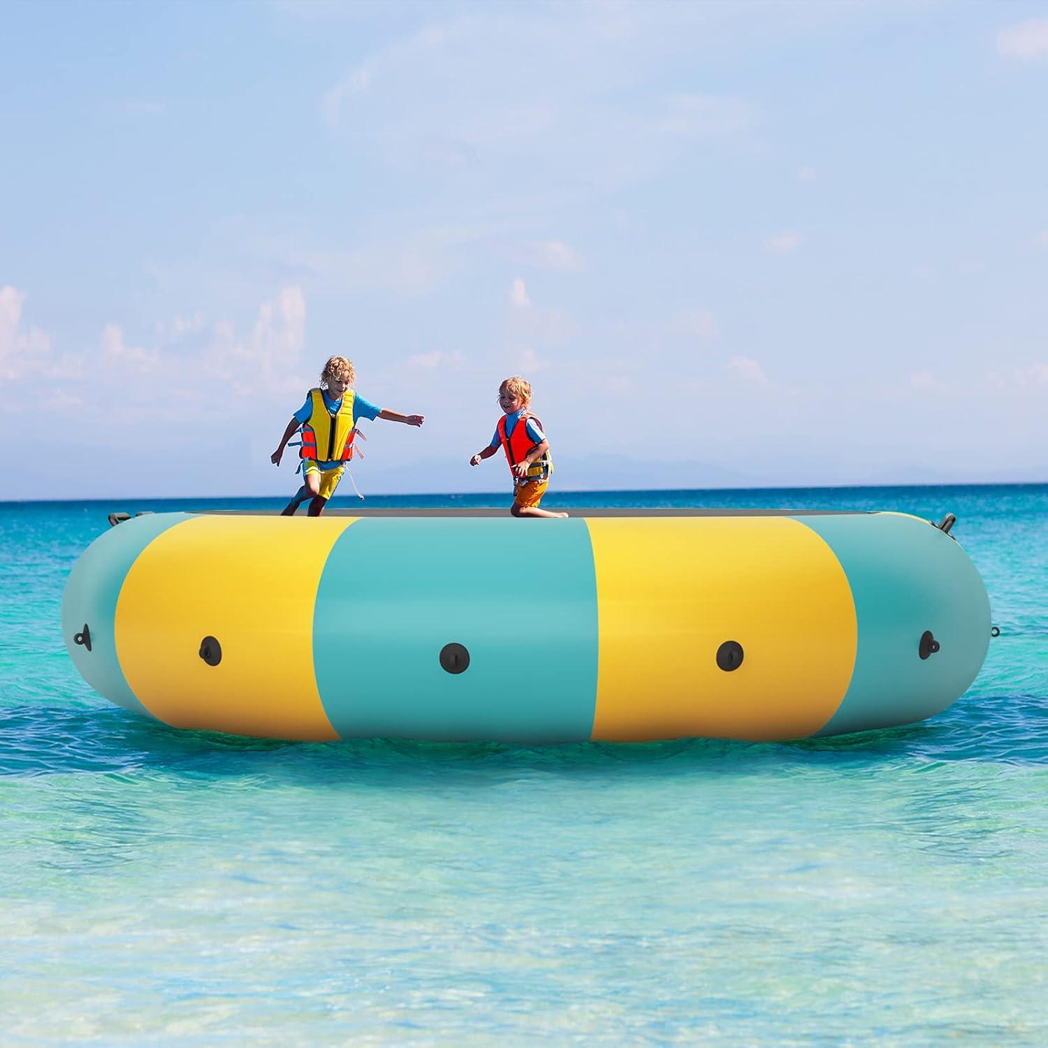 image:imageGiantex 10Ft 12Ft 15Ft Inflatable Water Trampoline Floating Rebounder Trampoline with 500W Blower and 3Step Rope Ladder Kids Adults Recreational Water Trampoline for Pool LakeYellow Green