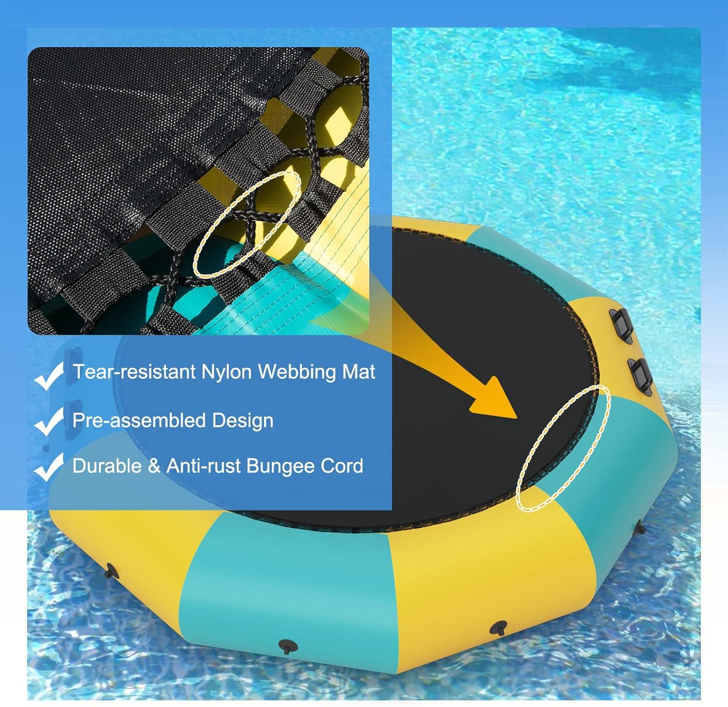 image:imageGiantex 10Ft 12Ft 15Ft Inflatable Water Trampoline Floating Rebounder Trampoline with 500W Blower and 3Step Rope Ladder Kids Adults Recreational Water Trampoline for Pool LakeYellow Green