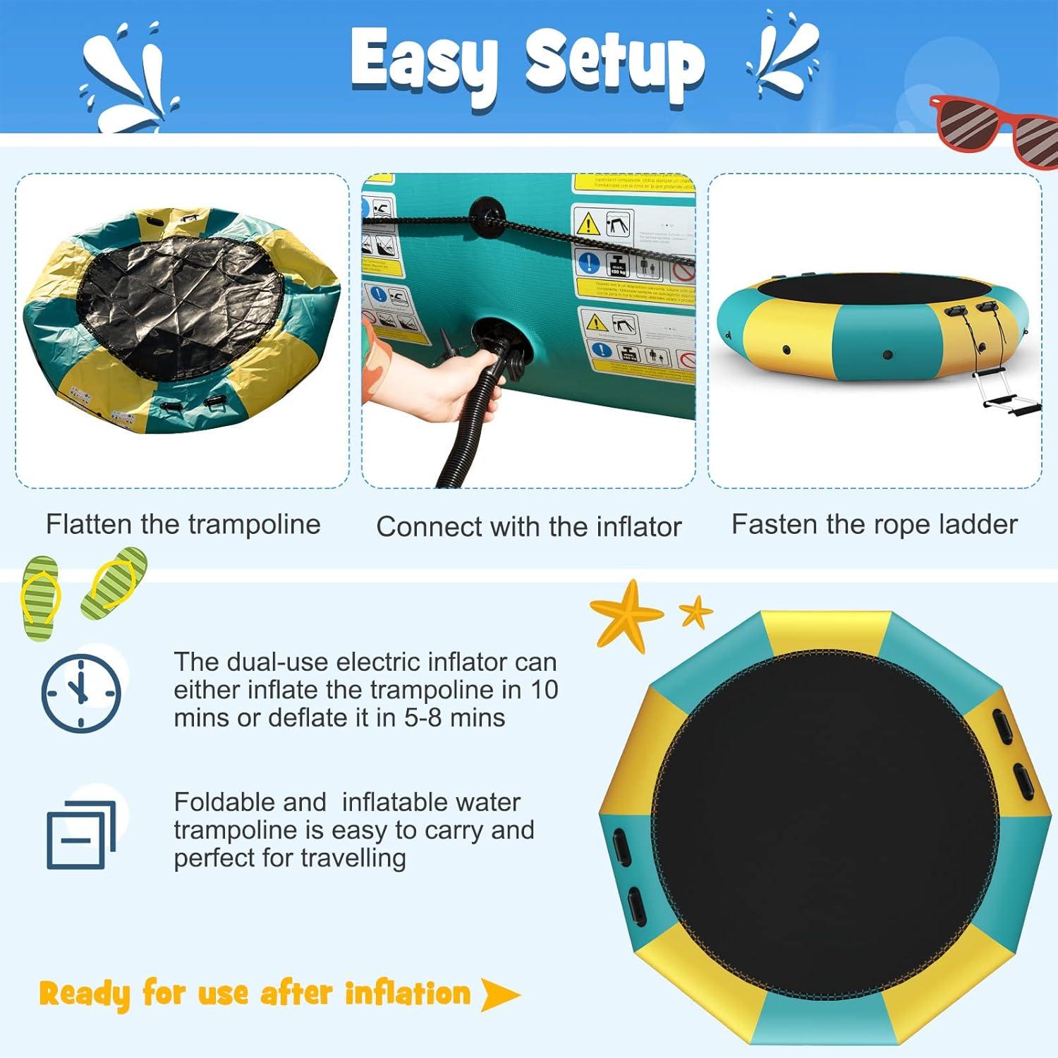 image:imageGiantex 10Ft 12Ft 15Ft Inflatable Water Trampoline Floating Rebounder Trampoline with 500W Blower and 3Step Rope Ladder Kids Adults Recreational Water Trampoline for Pool LakeYellow Green