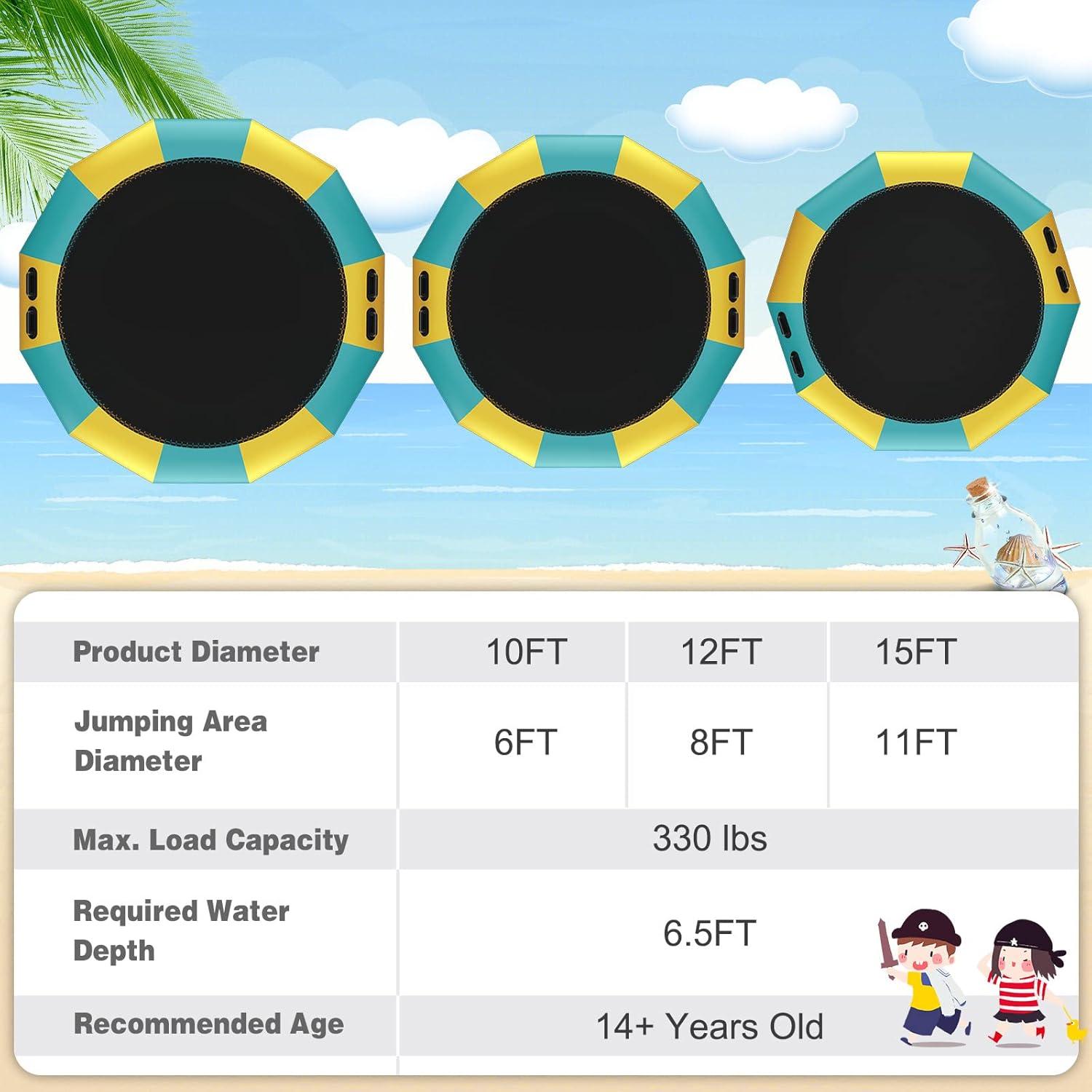 image:imageGiantex 10Ft 12Ft 15Ft Inflatable Water Trampoline Floating Rebounder Trampoline with 500W Blower and 3Step Rope Ladder Kids Adults Recreational Water Trampoline for Pool LakeYellow Green
