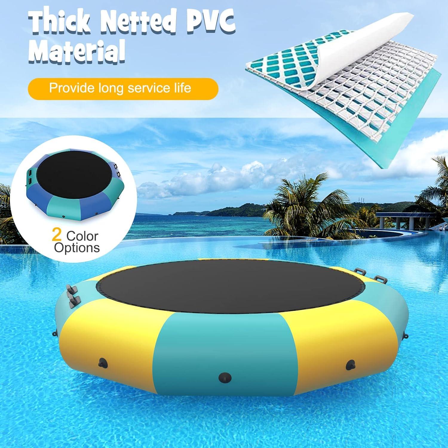 image:imageGiantex 10Ft 12Ft 15Ft Inflatable Water Trampoline Floating Rebounder Trampoline with 500W Blower and 3Step Rope Ladder Kids Adults Recreational Water Trampoline for Pool LakeYellow Green