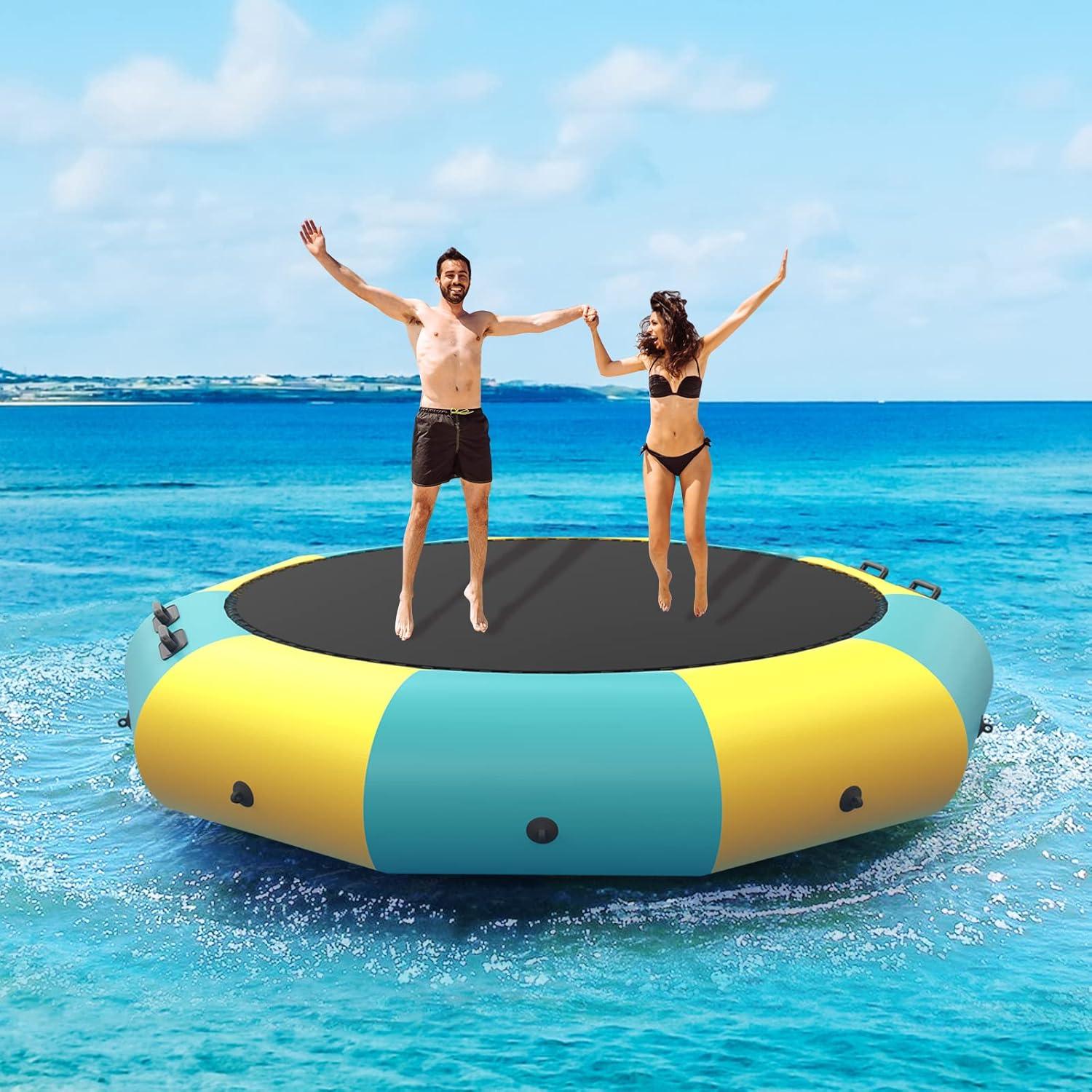 image:imageGiantex 10Ft 12Ft 15Ft Inflatable Water Trampoline Floating Rebounder Trampoline with 500W Blower and 3Step Rope Ladder Kids Adults Recreational Water Trampoline for Pool LakeYellow Green