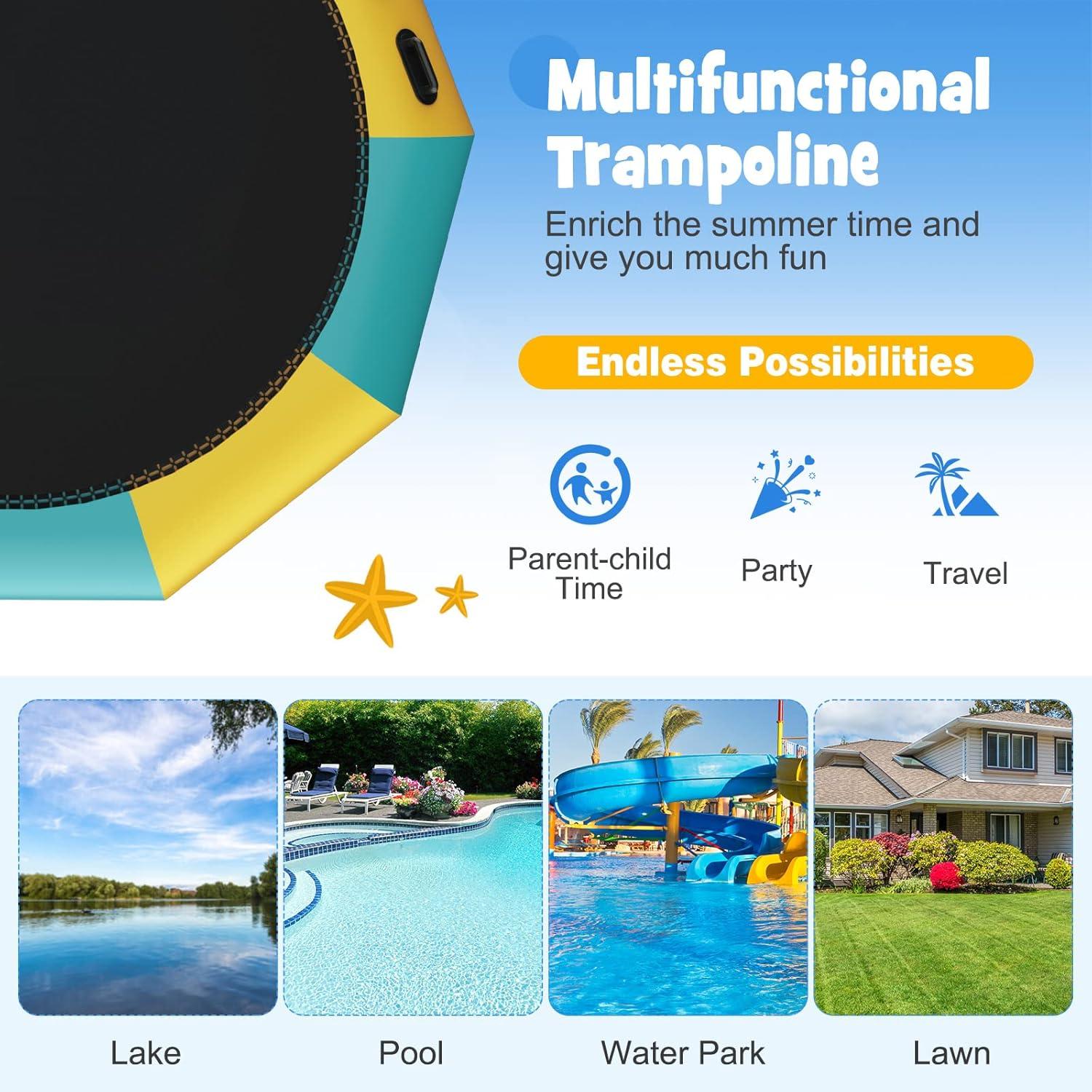 image:imageGiantex 10Ft 12Ft 15Ft Inflatable Water Trampoline Floating Rebounder Trampoline with 500W Blower and 3Step Rope Ladder Kids Adults Recreational Water Trampoline for Pool LakeYellow Green