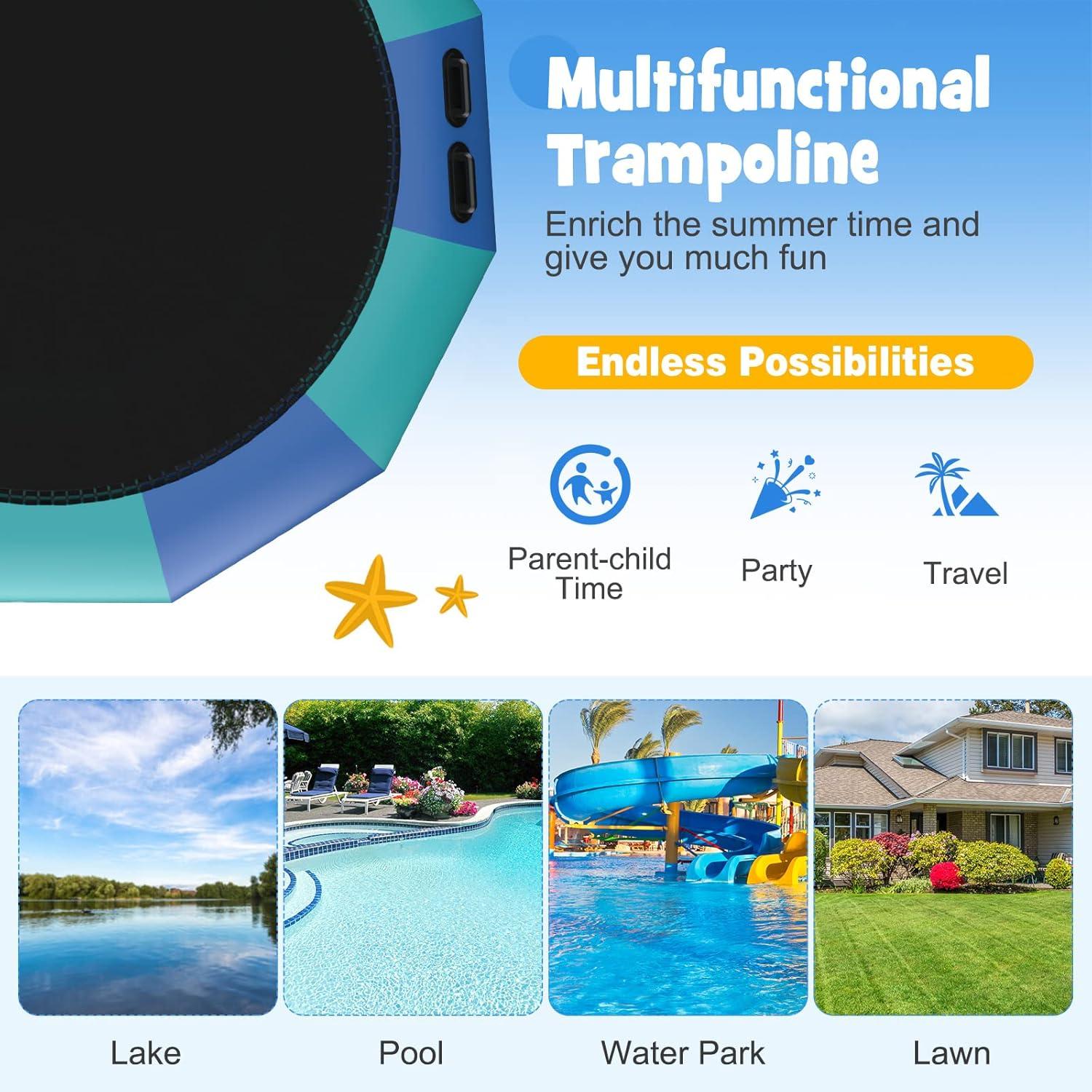 image:imageGiantex 10Ft 12Ft 15Ft Inflatable Water Trampoline Floating Rebounder Trampoline with 500W Blower and 3Step Rope Ladder Kids Adults Recreational Water Trampoline for Pool LakeBlue Green
