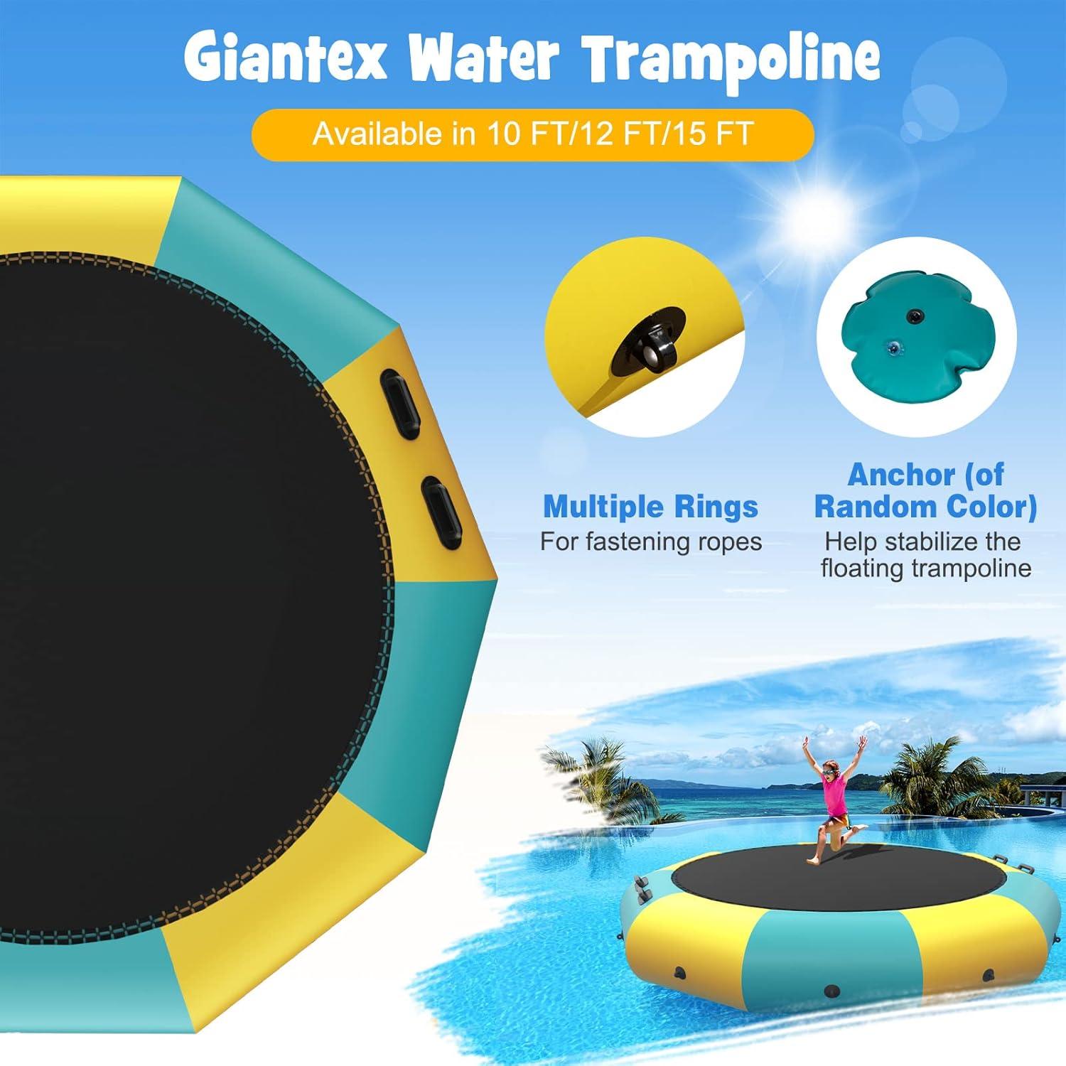 image:imageGiantex 10Ft 12Ft 15Ft Inflatable Water Trampoline Floating Rebounder Trampoline with 500W Blower and 3Step Rope Ladder Kids Adults Recreational Water Trampoline for Pool LakeYellow Green