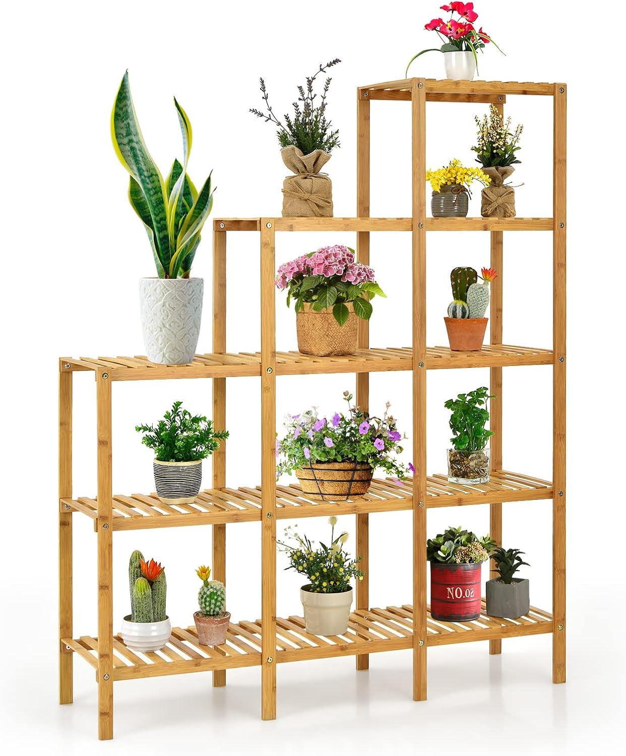 image:imageGiantex 11 Tiers Bamboo Plant Stand for Indoor Plants Multiple Plant Shelf Flower Pots Holder Storage Organizer Rack Outdoor Plant Display Rack for Living Room Patio Balcony Garden 11Tier12Tier