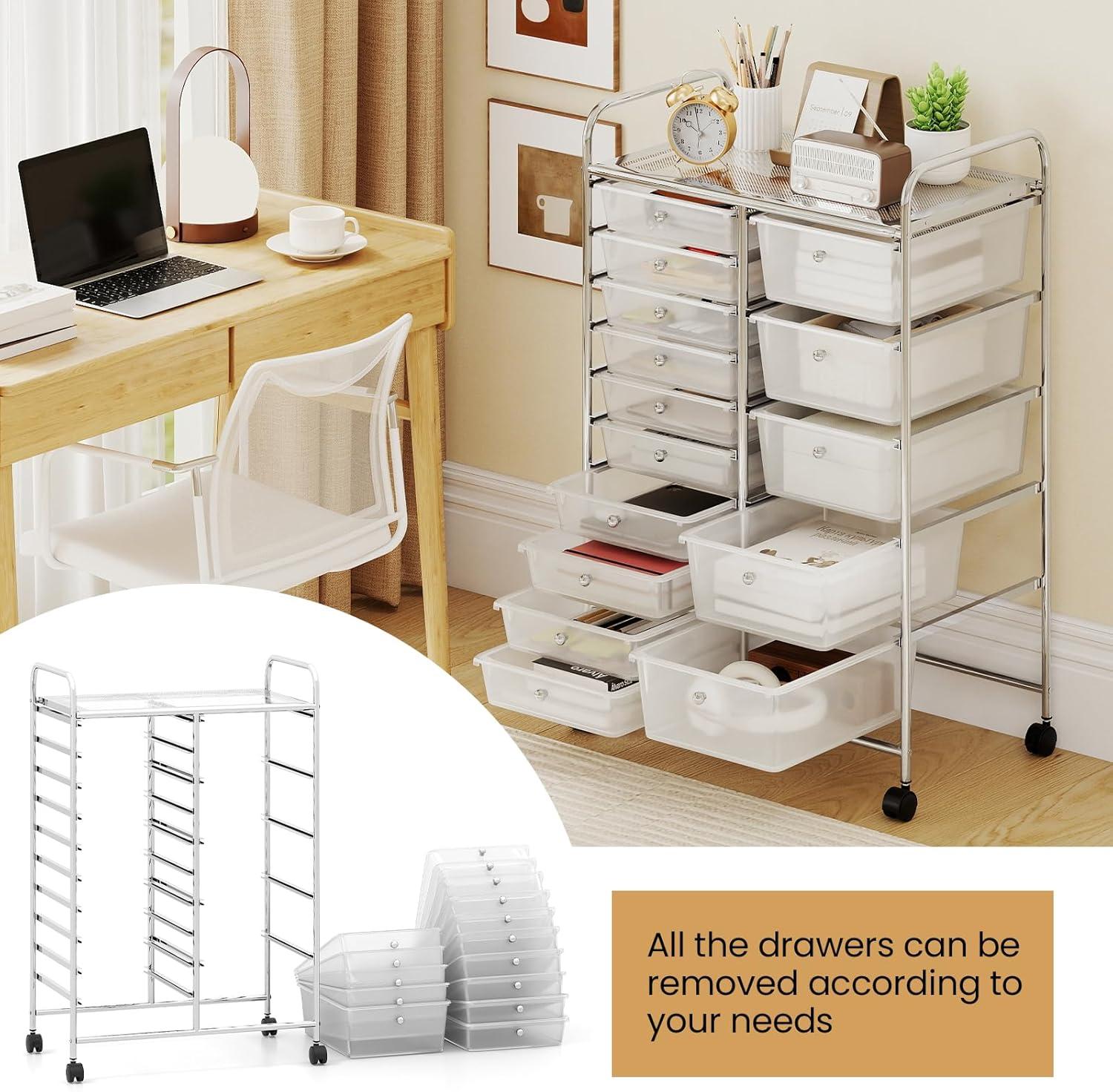 image:imageGiantex 12 Drawer Rolling Cart with Drawers Storage Organizer Cart for Classroom Office School Teacher Mobile Drawer Cart for Tools Crafts Small Printer Macaron MulticolorClear