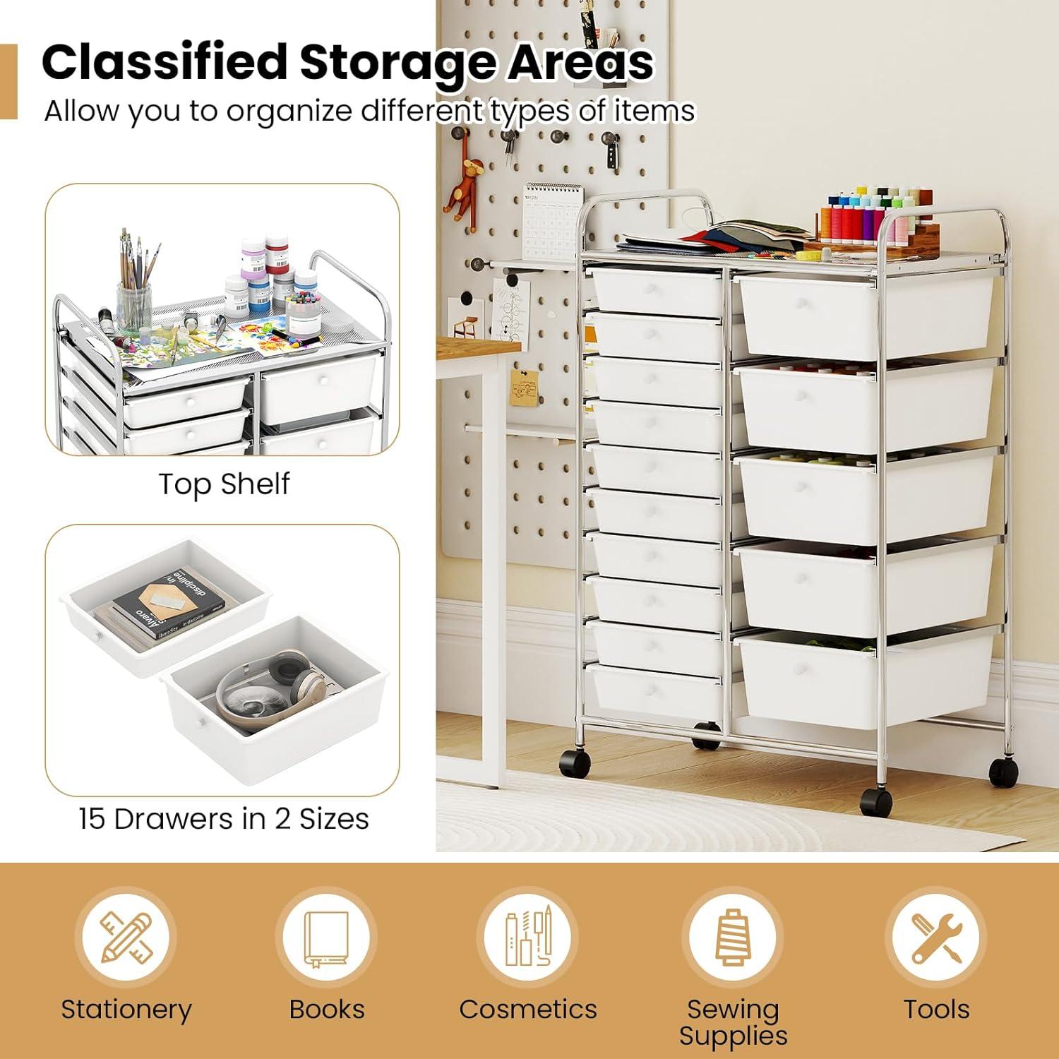 image:imageGiantex 12 Drawer Rolling Cart with Drawers Storage Organizer Cart for Classroom Office School Teacher Mobile Drawer Cart for Tools Crafts Small Printer Macaron MulticolorIvory