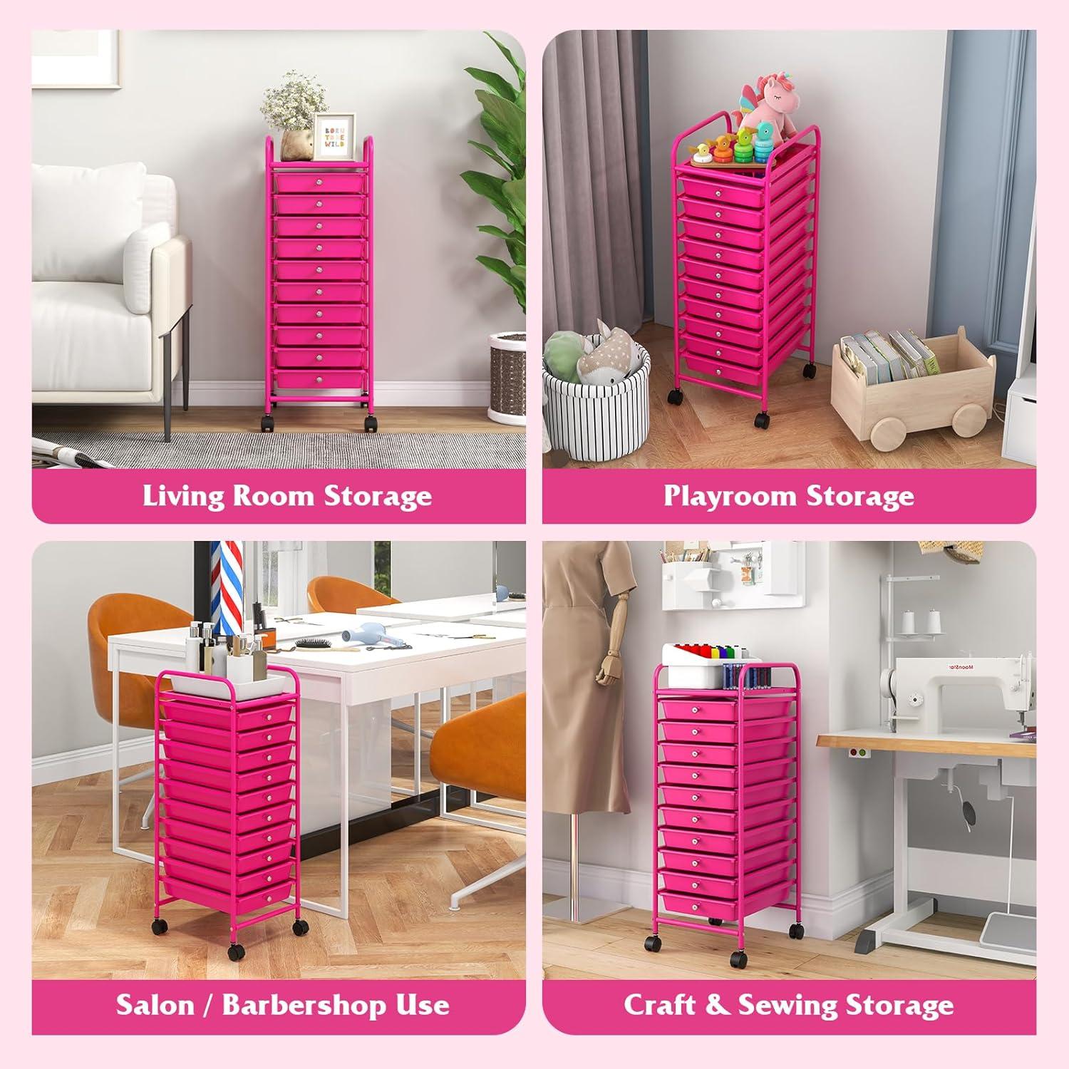 image:imageGiantex 12 Drawer Rolling Cart with Drawers Storage Organizer Cart for Classroom Office School Teacher Mobile Drawer Cart for Tools Crafts Small Printer Macaron MulticolorHot Pink