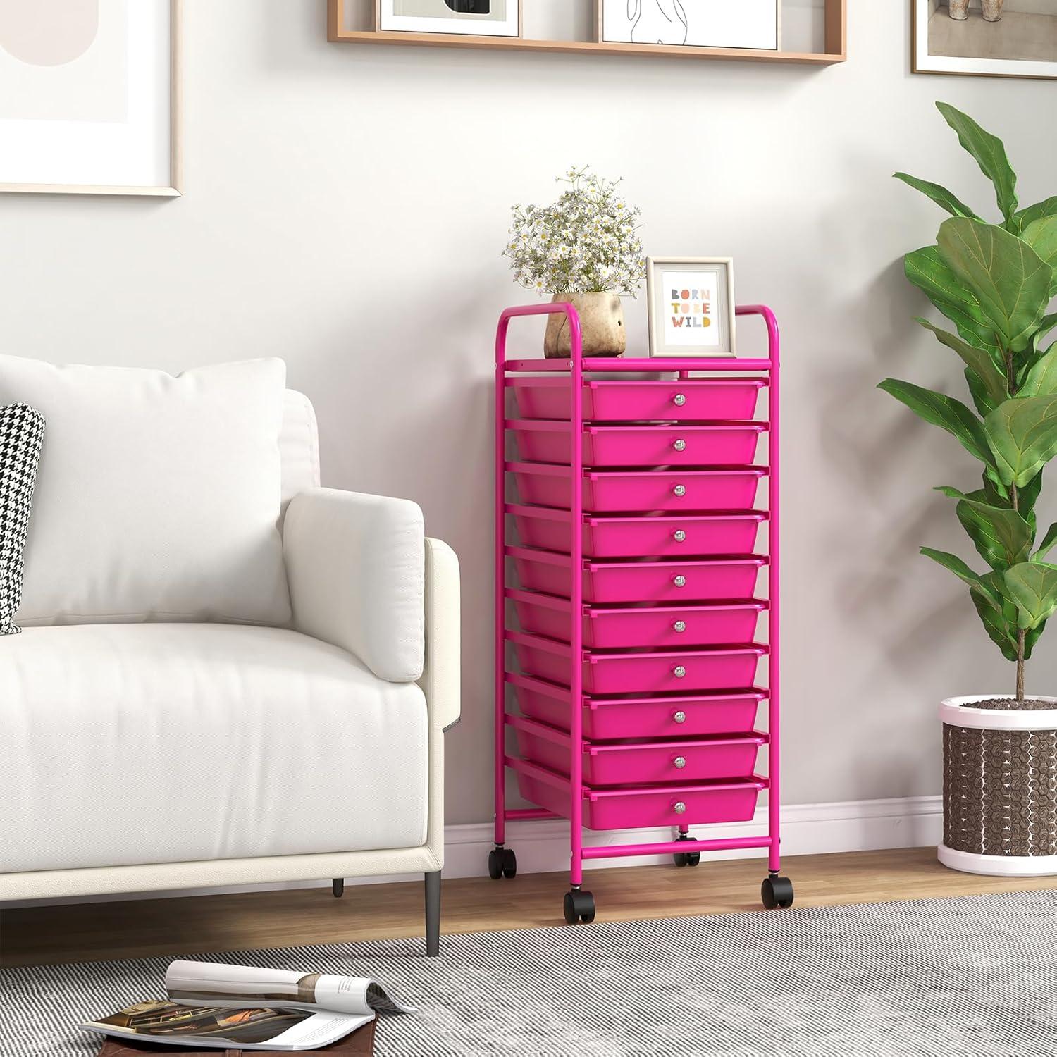 image:imageGiantex 12 Drawer Rolling Cart with Drawers Storage Organizer Cart for Classroom Office School Teacher Mobile Drawer Cart for Tools Crafts Small Printer Macaron MulticolorHot Pink