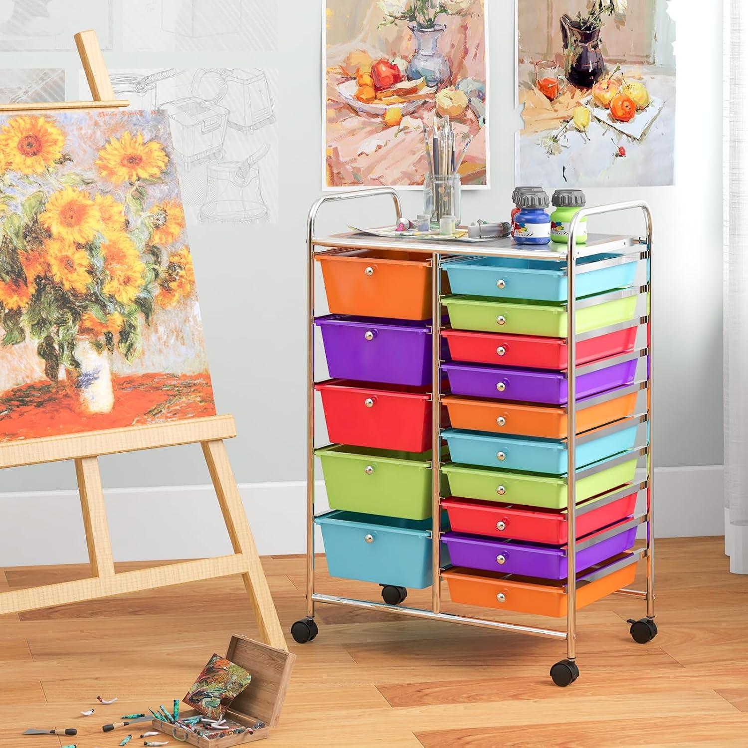 image:imageGiantex 12 Drawer Rolling Cart with Drawers Storage Organizer Cart for Classroom Office School Teacher Mobile Drawer Cart for Tools Crafts Small Printer Macaron MulticolorMulticolor