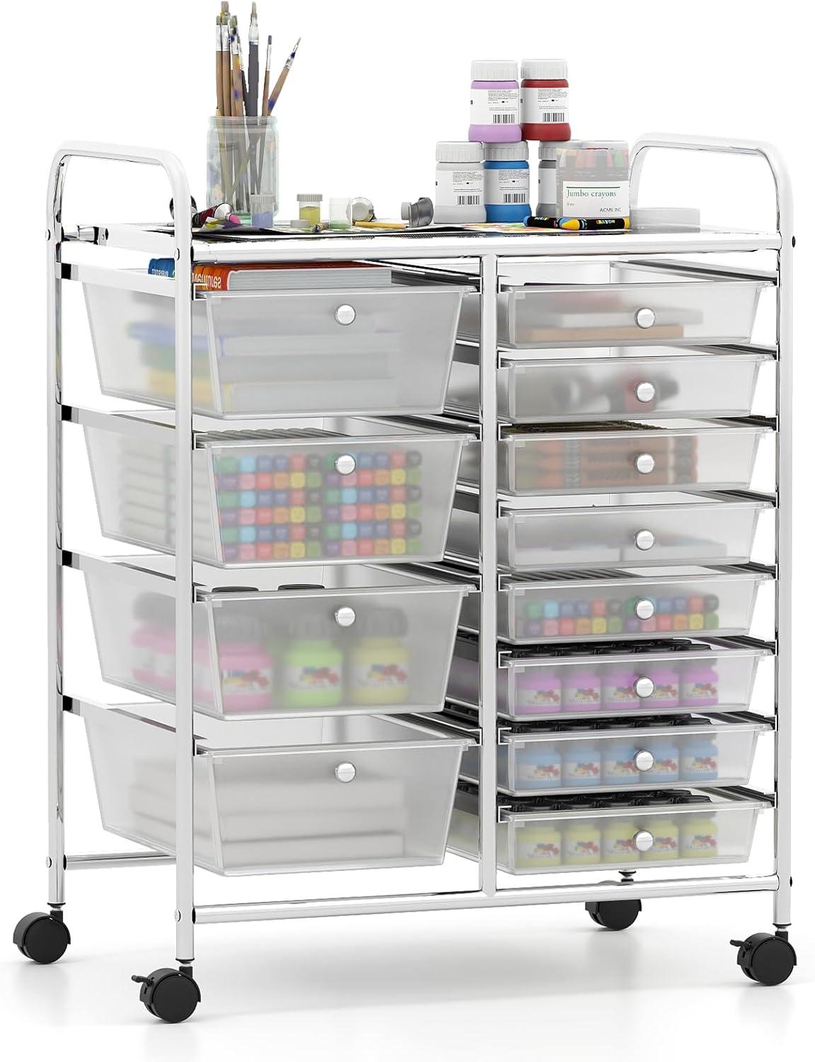 image:imageGiantex 12 Drawer Rolling Cart with Drawers Storage Organizer Cart for Classroom Office School Teacher Mobile Drawer Cart for Tools Crafts Small Printer Macaron MulticolorClear