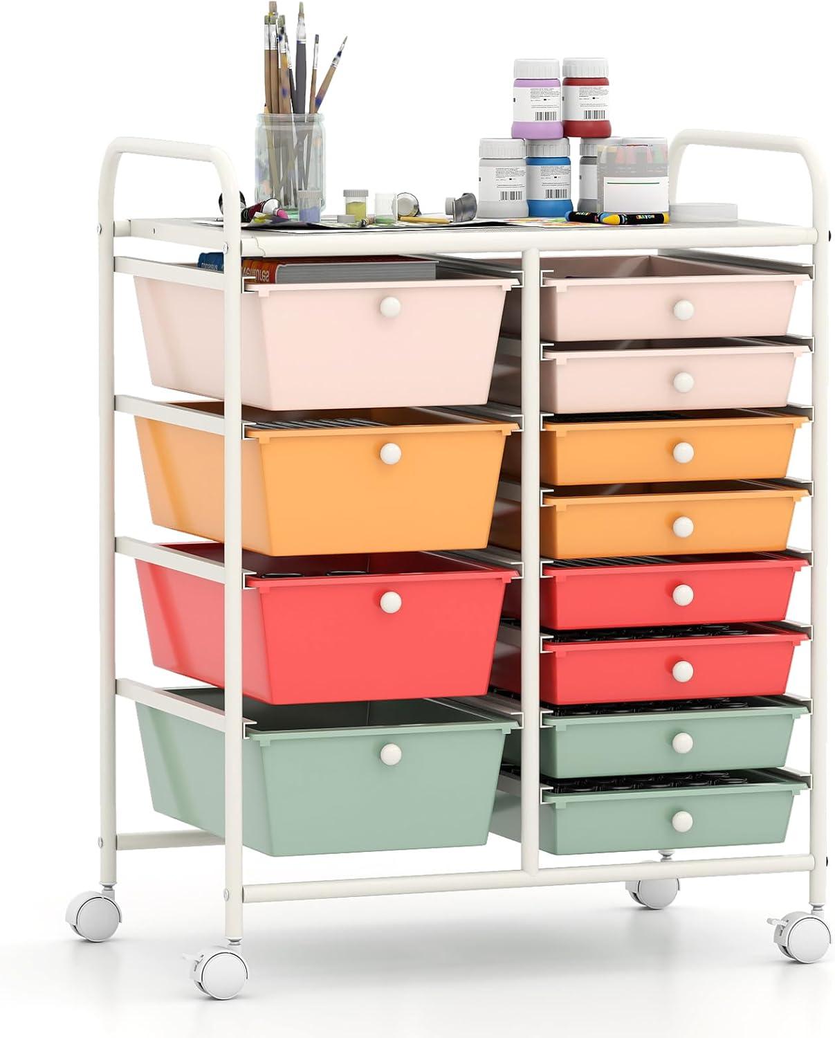 image:imageGiantex 12 Drawer Rolling Cart with Drawers Storage Organizer Cart for Classroom Office School Teacher Mobile Drawer Cart for Tools Crafts Small Printer Macaron MulticolorMacaron Multicolor