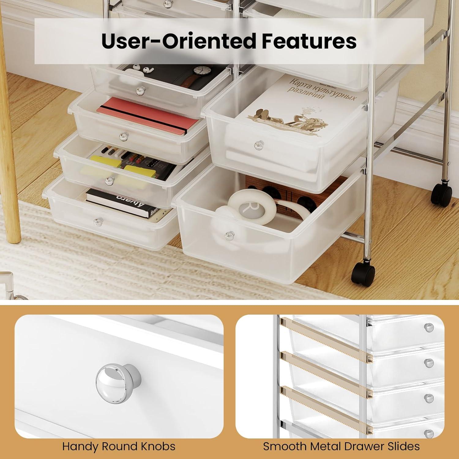 image:imageGiantex 12 Drawer Rolling Cart with Drawers Storage Organizer Cart for Classroom Office School Teacher Mobile Drawer Cart for Tools Crafts Small Printer Macaron MulticolorClear