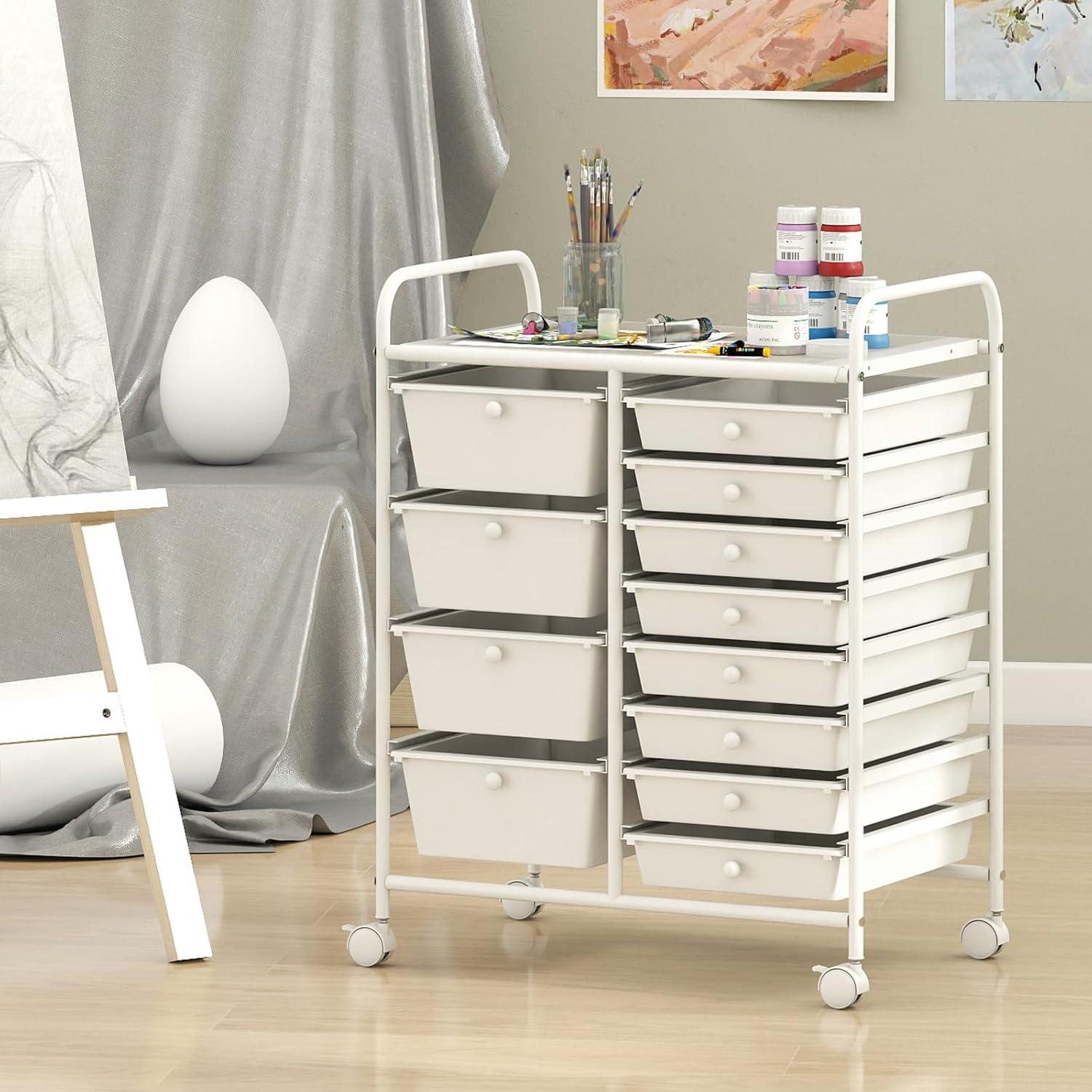 image:imageGiantex 12 Drawer Rolling Cart with Drawers Storage Organizer Cart for Classroom Office School Teacher Mobile Drawer Cart for Tools Crafts Small Printer Macaron MulticolorIvory