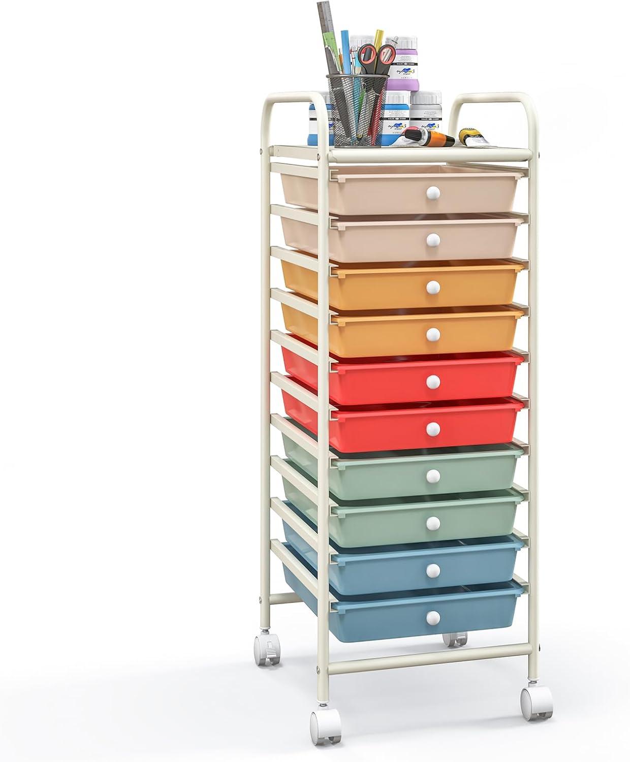 image:imageGiantex 12 Drawer Rolling Cart with Drawers Storage Organizer Cart for Classroom Office School Teacher Mobile Drawer Cart for Tools Crafts Small Printer Macaron MulticolorMacaron Multicolor