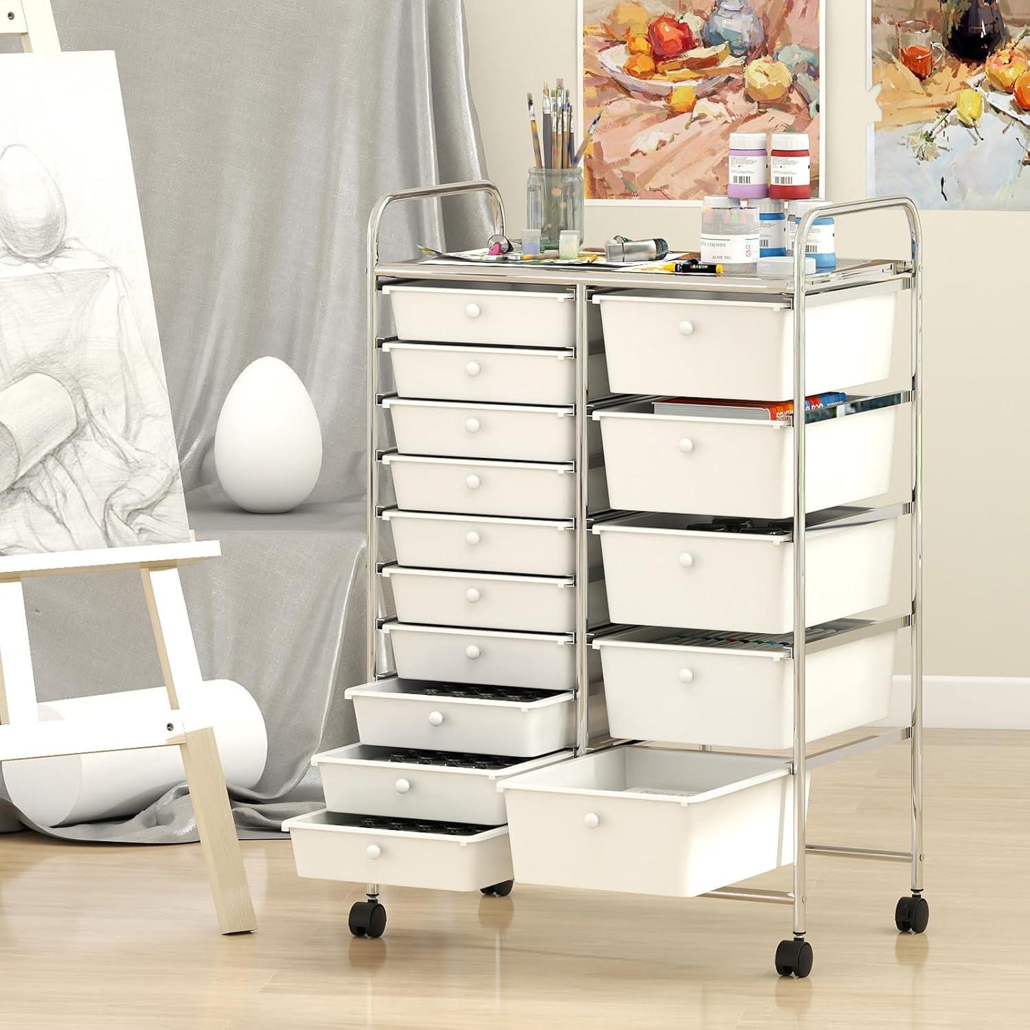 image:imageGiantex 12 Drawer Rolling Cart with Drawers Storage Organizer Cart for Classroom Office School Teacher Mobile Drawer Cart for Tools Crafts Small Printer Macaron MulticolorIvory