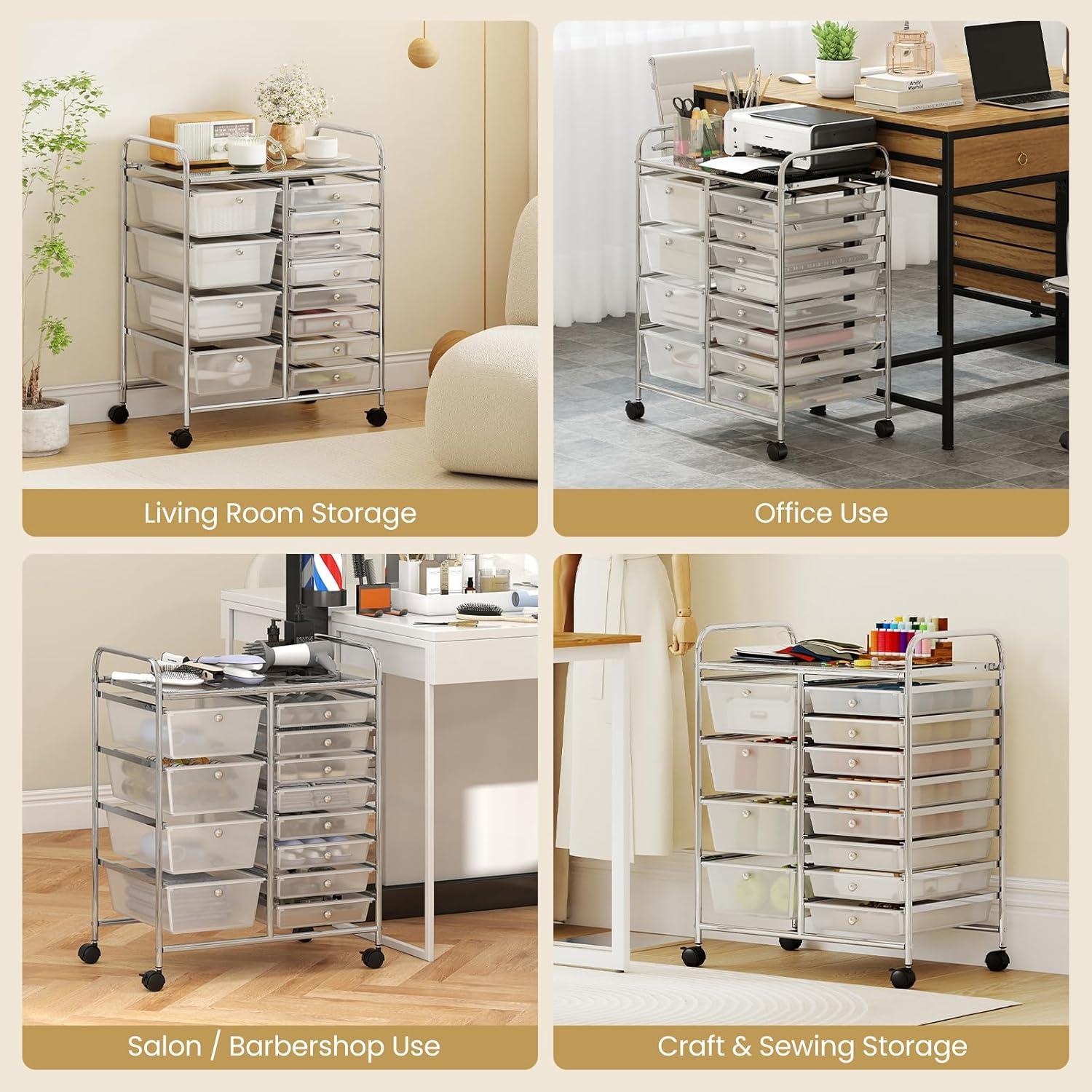 image:imageGiantex 12 Drawer Rolling Cart with Drawers Storage Organizer Cart for Classroom Office School Teacher Mobile Drawer Cart for Tools Crafts Small Printer Macaron MulticolorClear