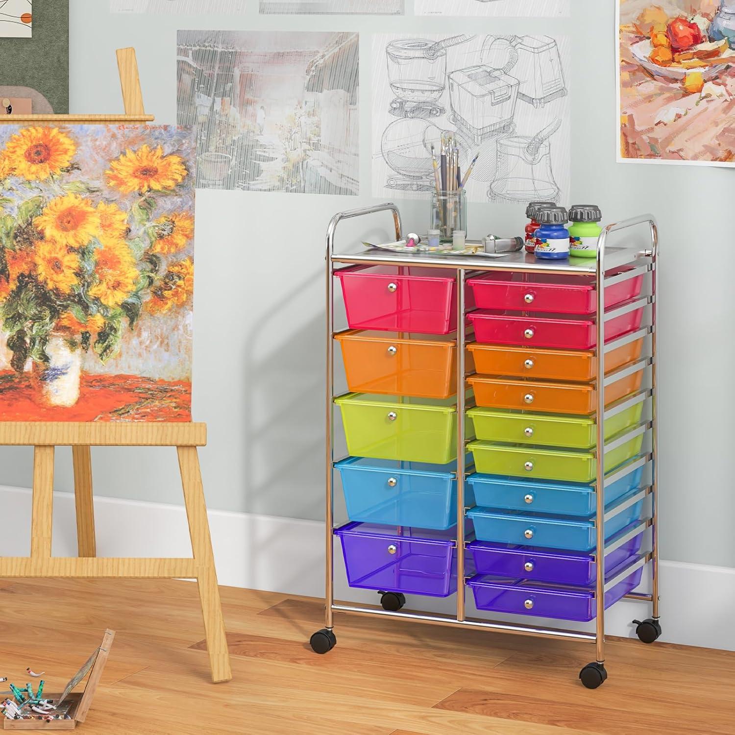 image:imageGiantex 12 Drawer Rolling Cart with Drawers Storage Organizer Cart for Classroom Office School Teacher Mobile Drawer Cart for Tools Crafts Small Printer Macaron MulticolorRedOrangeGreenBluePurple