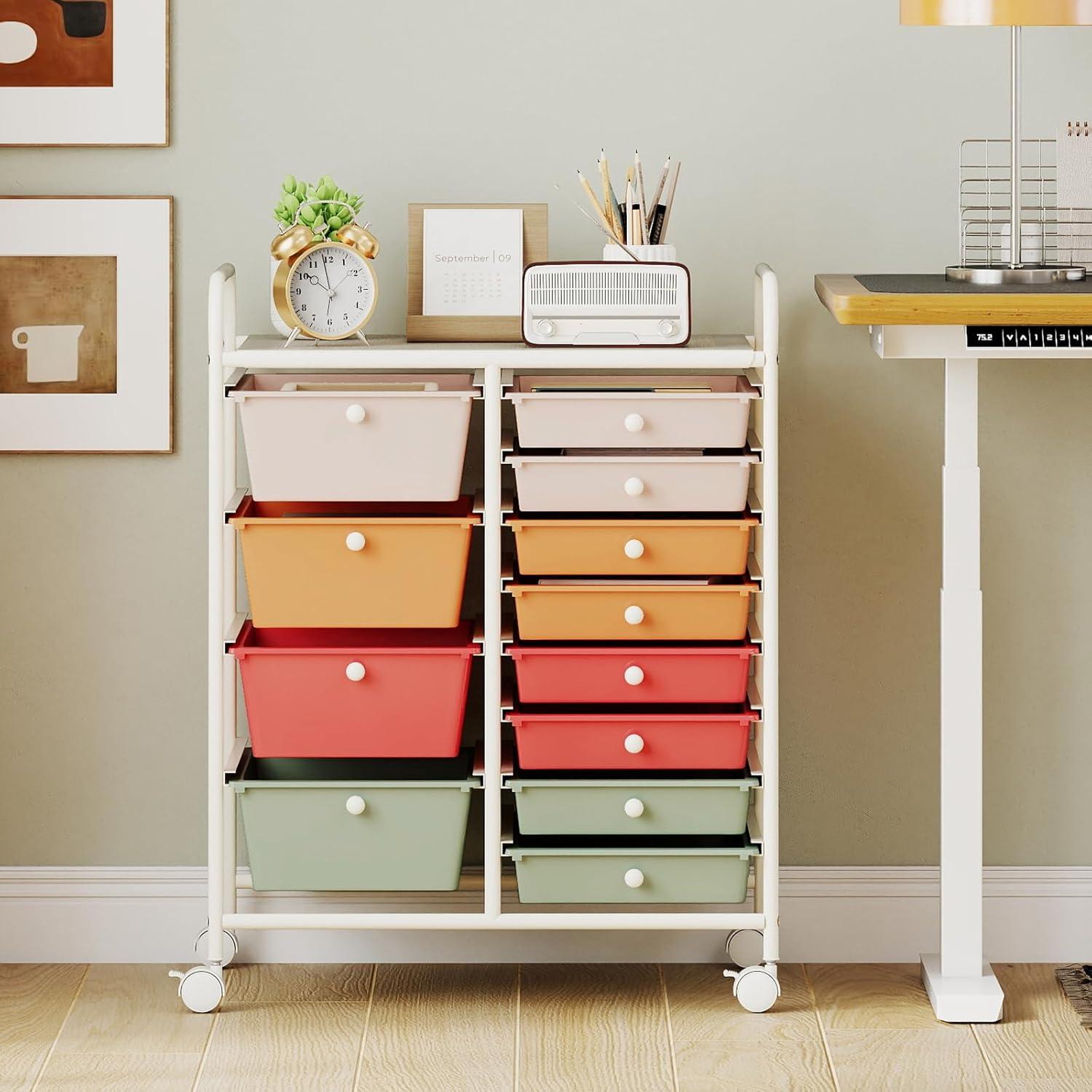 image:imageGiantex 12 Drawer Rolling Cart with Drawers Storage Organizer Cart for Classroom Office School Teacher Mobile Drawer Cart for Tools Crafts Small Printer Macaron MulticolorMacaron Multicolor