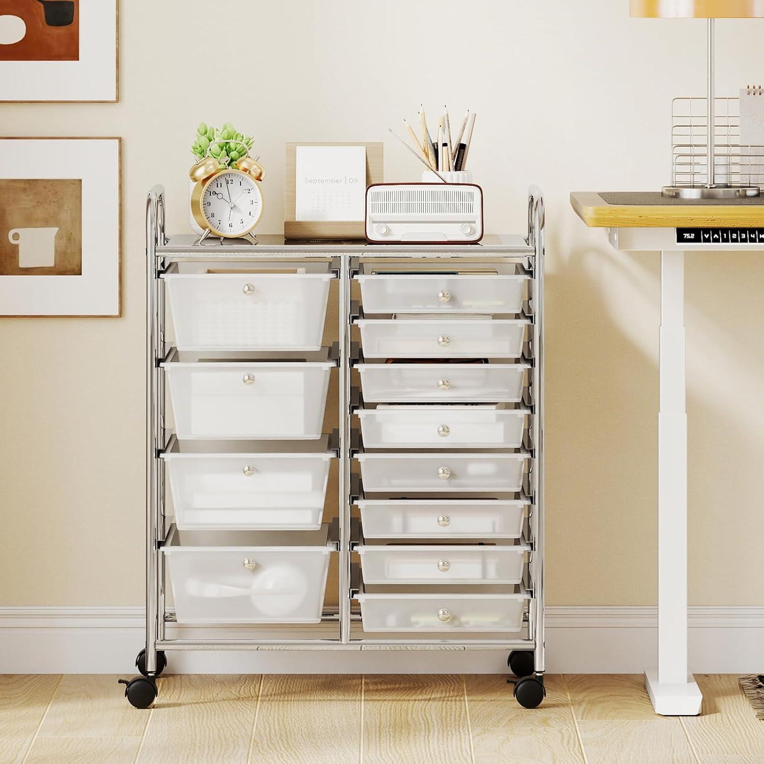 image:imageGiantex 12 Drawer Rolling Cart with Drawers Storage Organizer Cart for Classroom Office School Teacher Mobile Drawer Cart for Tools Crafts Small Printer Macaron MulticolorClear