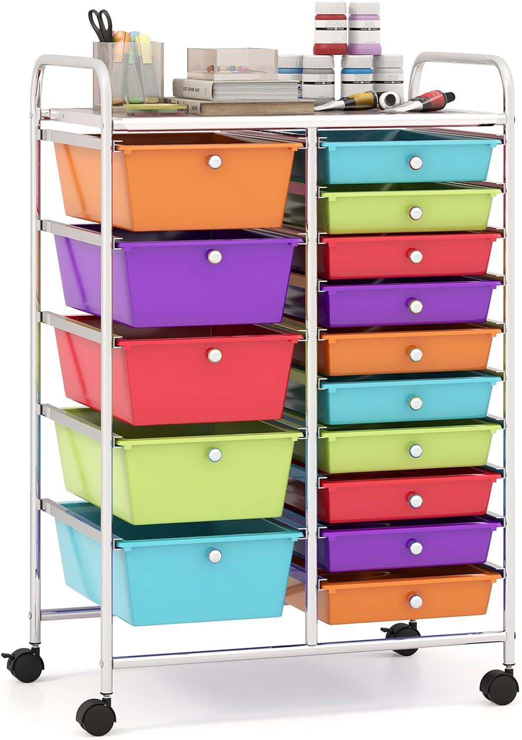 image:imageGiantex 12 Drawer Rolling Cart with Drawers Storage Organizer Cart for Classroom Office School Teacher Mobile Drawer Cart for Tools Crafts Small Printer Macaron MulticolorMulticolor