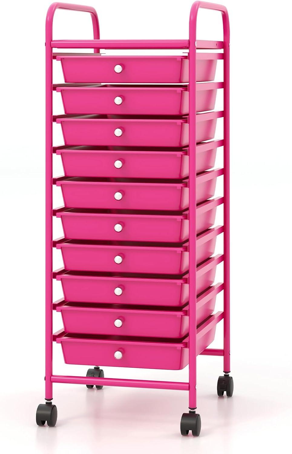 image:imageGiantex 12 Drawer Rolling Cart with Drawers Storage Organizer Cart for Classroom Office School Teacher Mobile Drawer Cart for Tools Crafts Small Printer Macaron MulticolorHot Pink