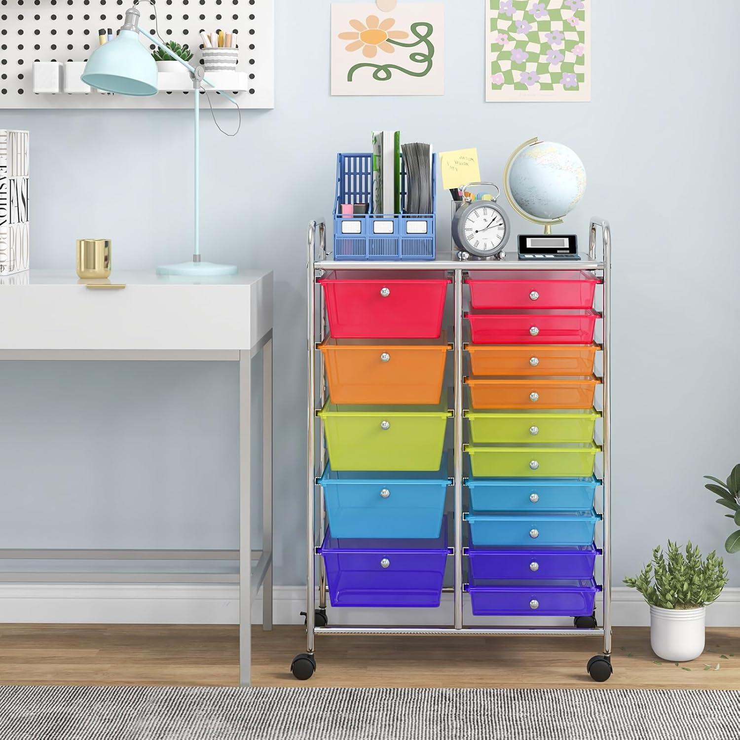 image:imageGiantex 12 Drawer Rolling Cart with Drawers Storage Organizer Cart for Classroom Office School Teacher Mobile Drawer Cart for Tools Crafts Small Printer Macaron MulticolorRedOrangeGreenBluePurple