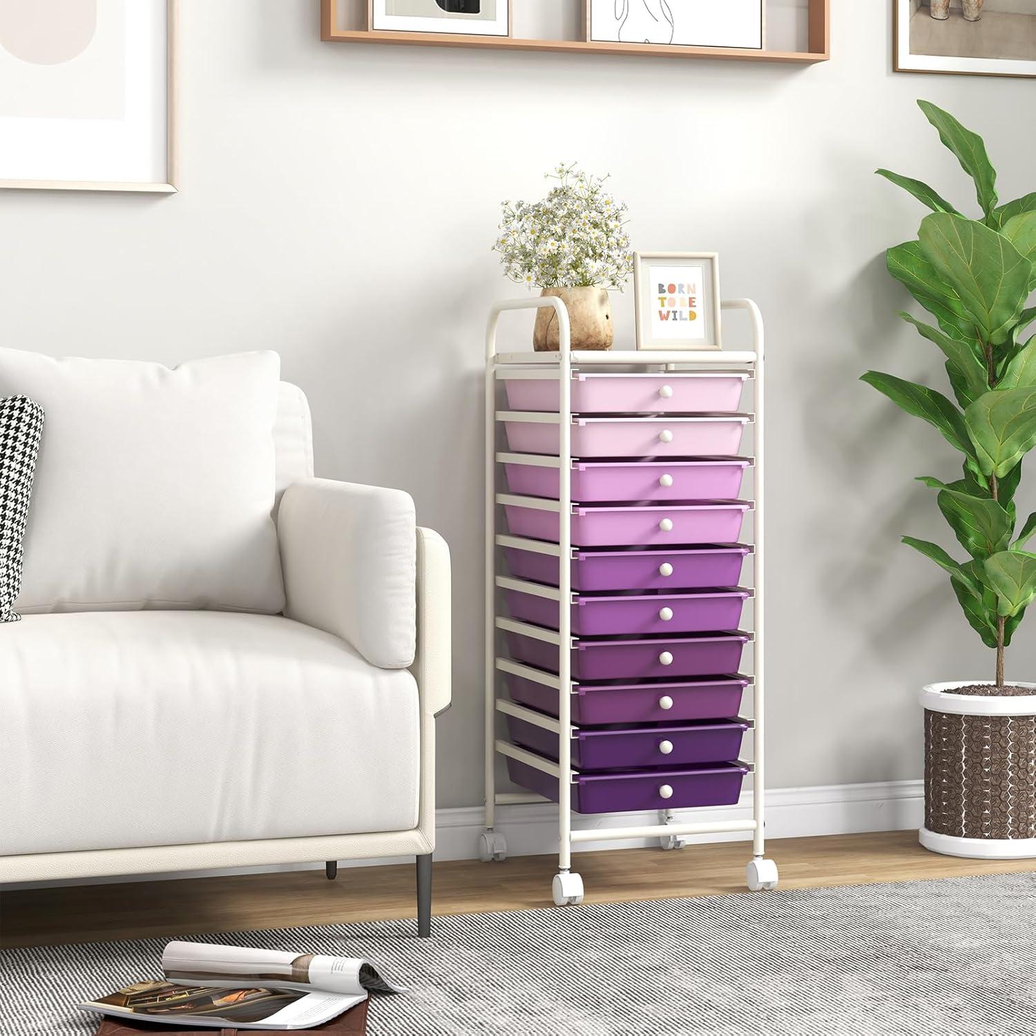 image:imageGiantex 12 Drawer Rolling Cart with Drawers Storage Organizer Cart for Classroom Office School Teacher Mobile Drawer Cart for Tools Crafts Small Printer Macaron MulticolorPurple Gradient