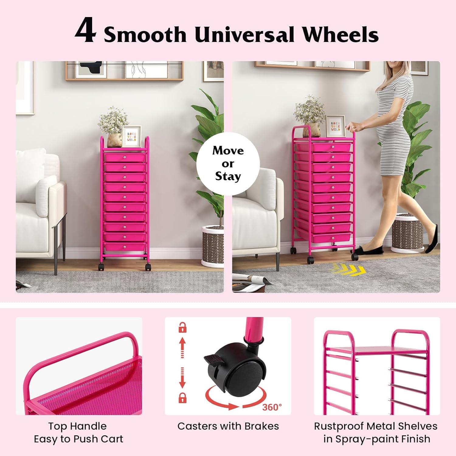 image:imageGiantex 12 Drawer Rolling Cart with Drawers Storage Organizer Cart for Classroom Office School Teacher Mobile Drawer Cart for Tools Crafts Small Printer Macaron MulticolorHot Pink