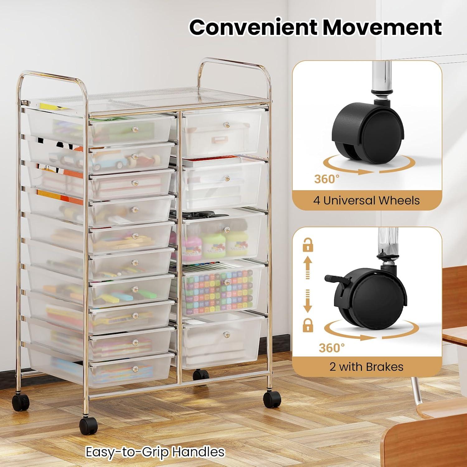 image:imageGiantex 12 Drawer Rolling Cart with Drawers Storage Organizer Cart for Classroom Office School Teacher Mobile Drawer Cart for Tools Crafts Small Printer Macaron MulticolorClear
