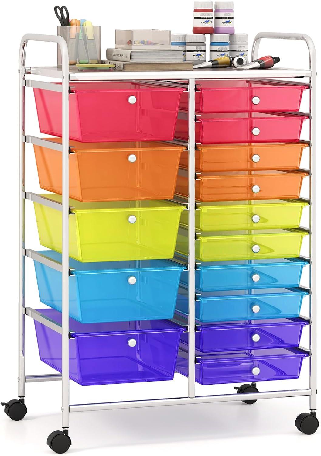 image:imageGiantex 12 Drawer Rolling Cart with Drawers Storage Organizer Cart for Classroom Office School Teacher Mobile Drawer Cart for Tools Crafts Small Printer Macaron MulticolorRedOrangeGreenBluePurple