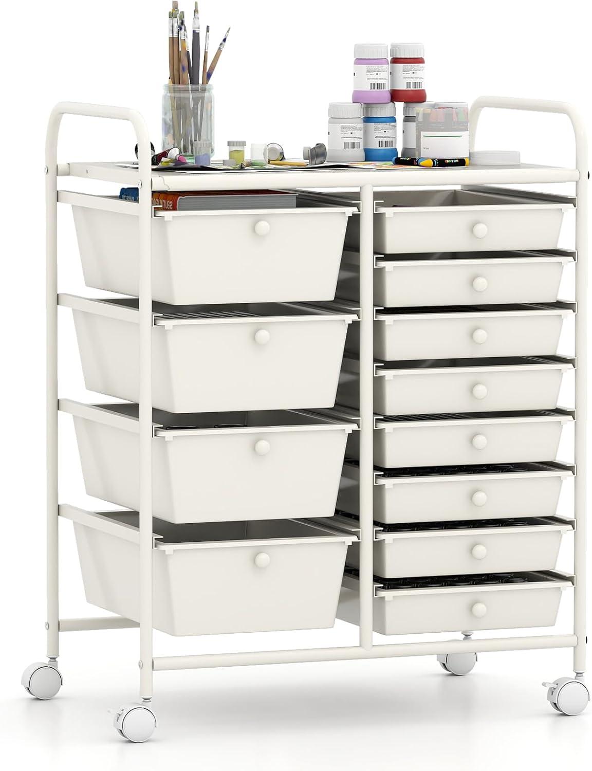 image:imageGiantex 12 Drawer Rolling Cart with Drawers Storage Organizer Cart for Classroom Office School Teacher Mobile Drawer Cart for Tools Crafts Small Printer Macaron MulticolorIvory