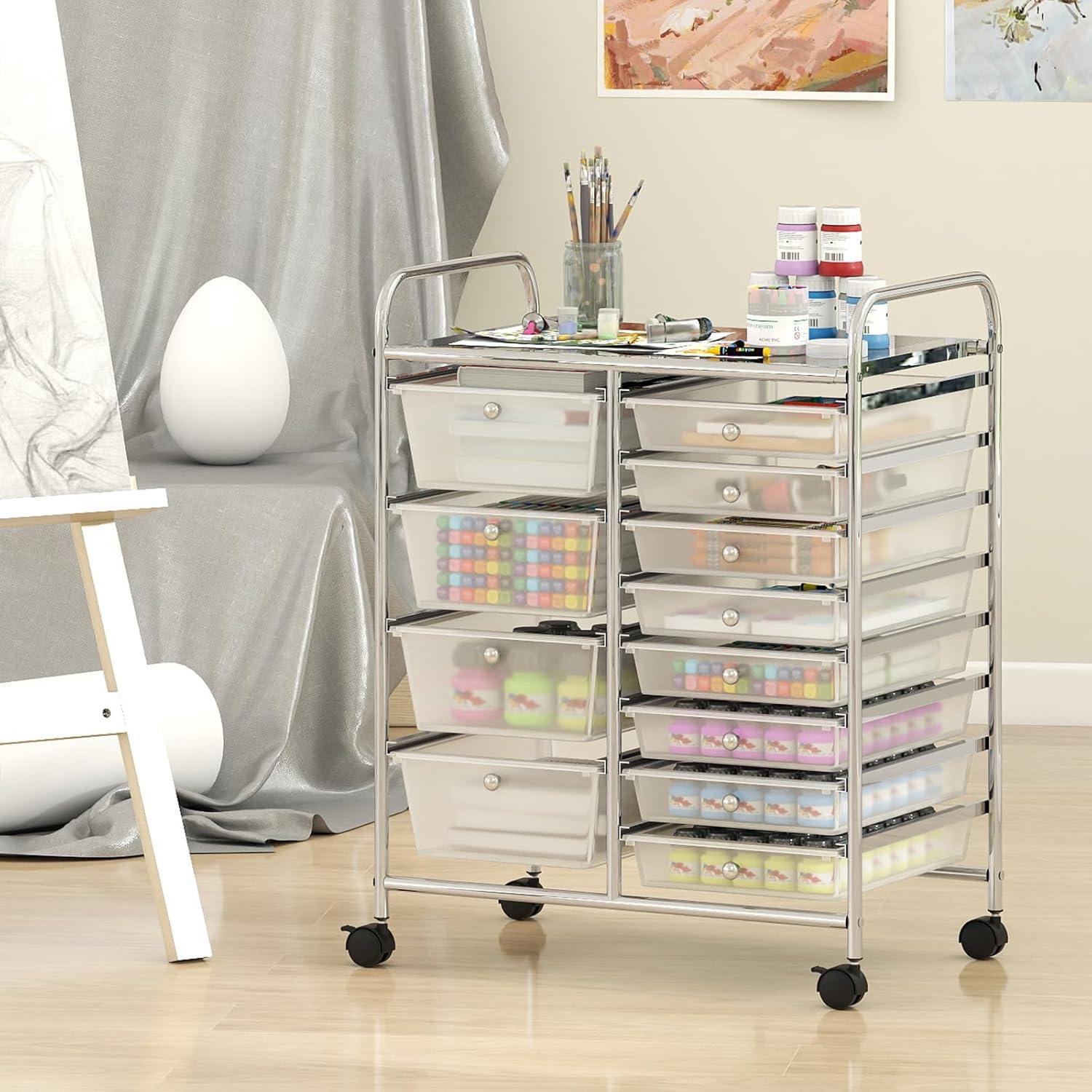 image:imageGiantex 12 Drawer Rolling Cart with Drawers Storage Organizer Cart for Classroom Office School Teacher Mobile Drawer Cart for Tools Crafts Small Printer Macaron MulticolorClear
