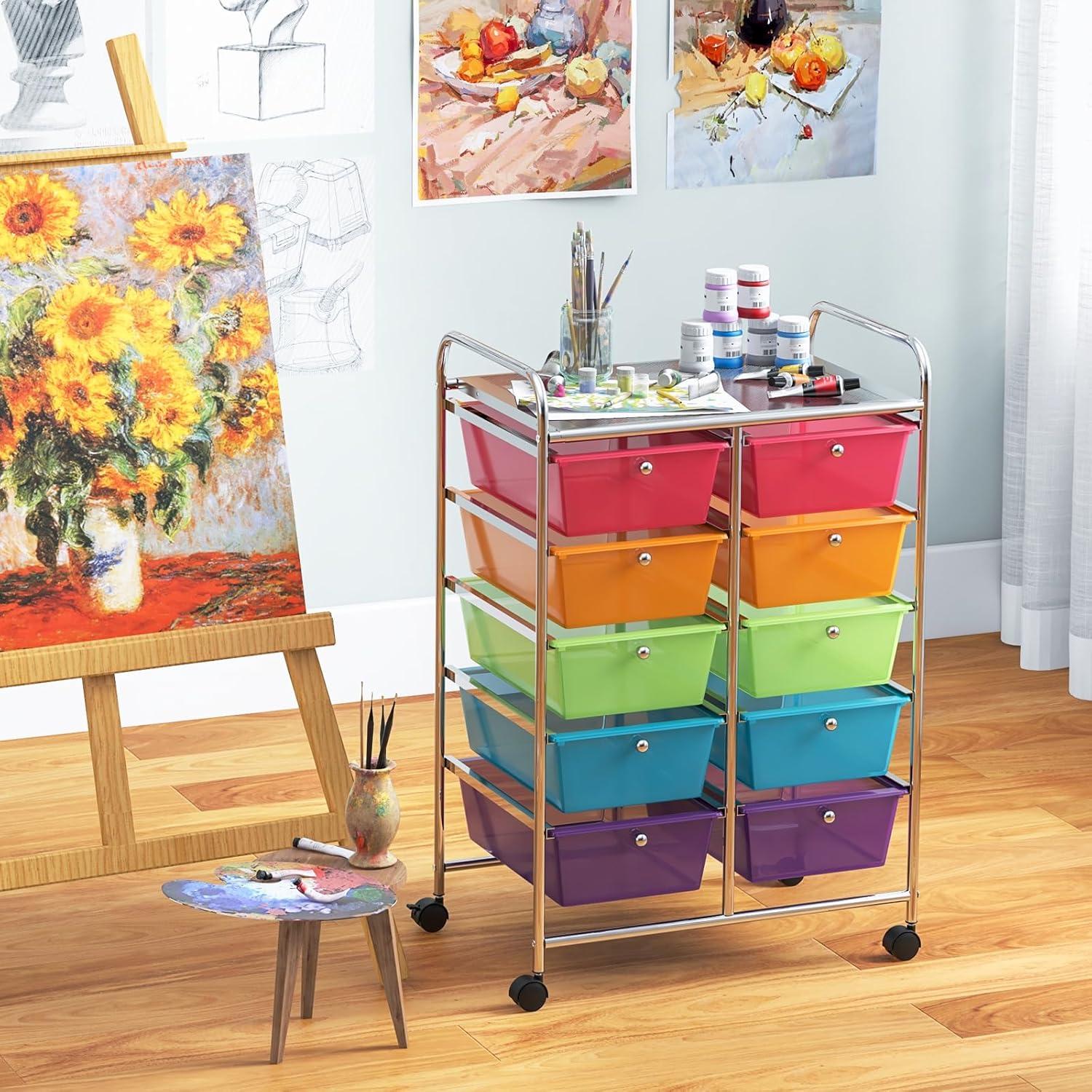 image:imageGiantex 15 Drawer Rolling Storage Cart Tools Scrapbook Paper Office School Organizer ClearMulticolor