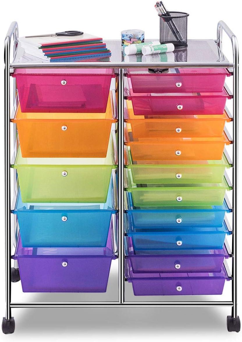 image:imageGiantex 15 Drawer Rolling Storage Cart Tools Scrapbook Paper Office School Organizer ClearMulticolor