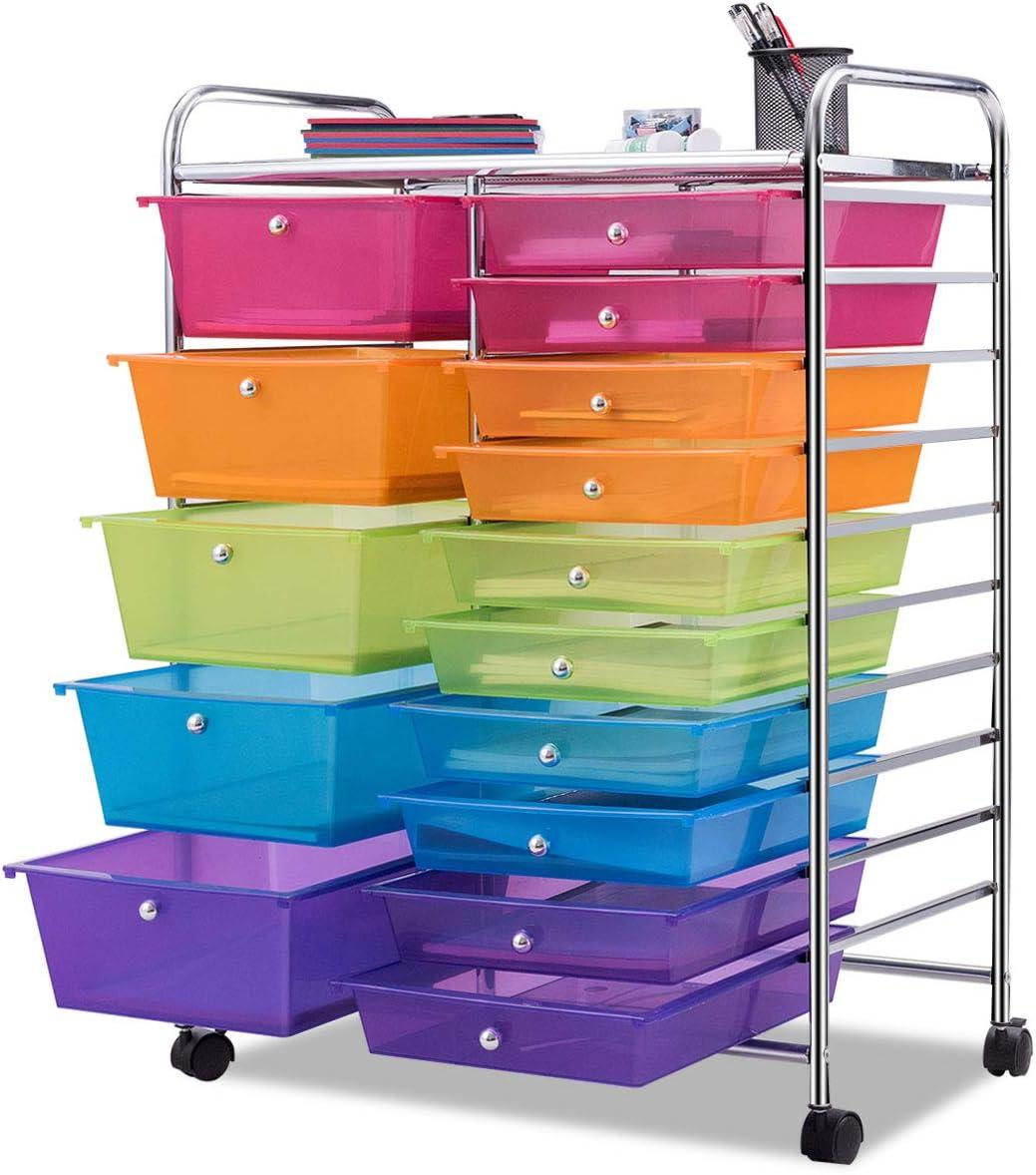 image:imageGiantex 15 Drawer Rolling Storage Cart Tools Scrapbook Paper Office School Organizer ClearMulticolor