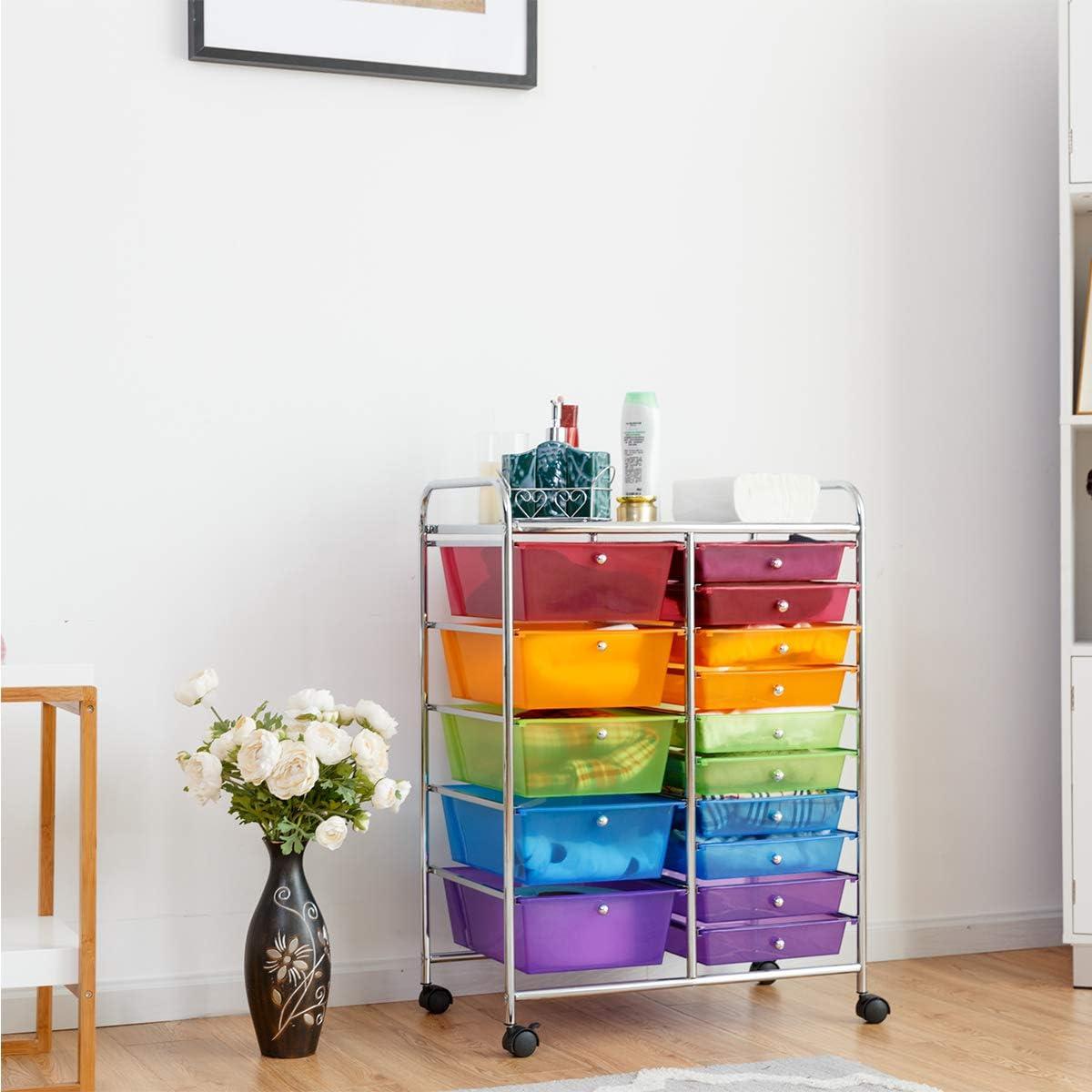 image:imageGiantex 15 Drawer Rolling Storage Cart Tools Scrapbook Paper Office School Organizer ClearMulticolor