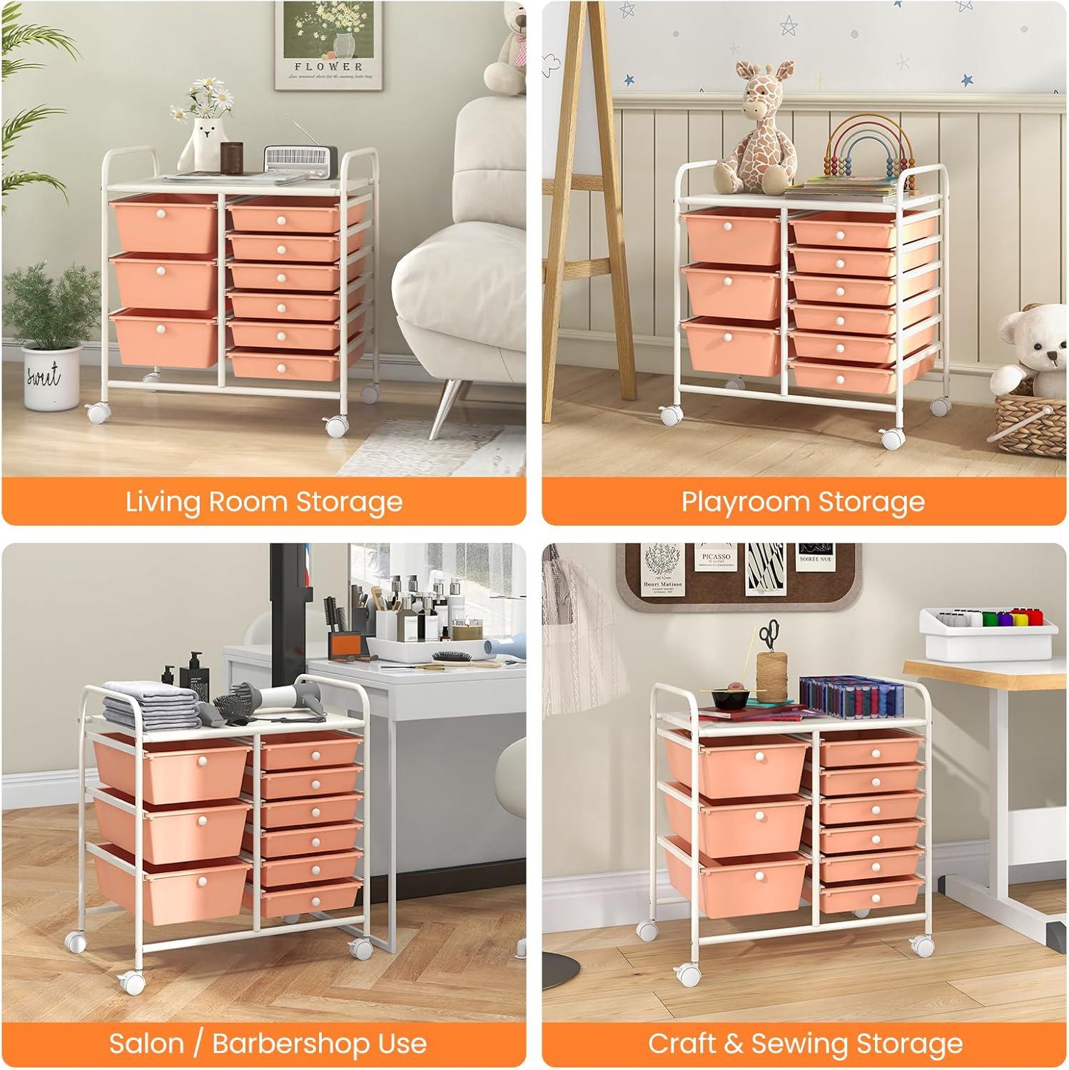 image:imageGiantex 15 Drawer Rolling Storage Cart Tools Scrapbook Paper Office School Organizer ClearPeach Fuzz